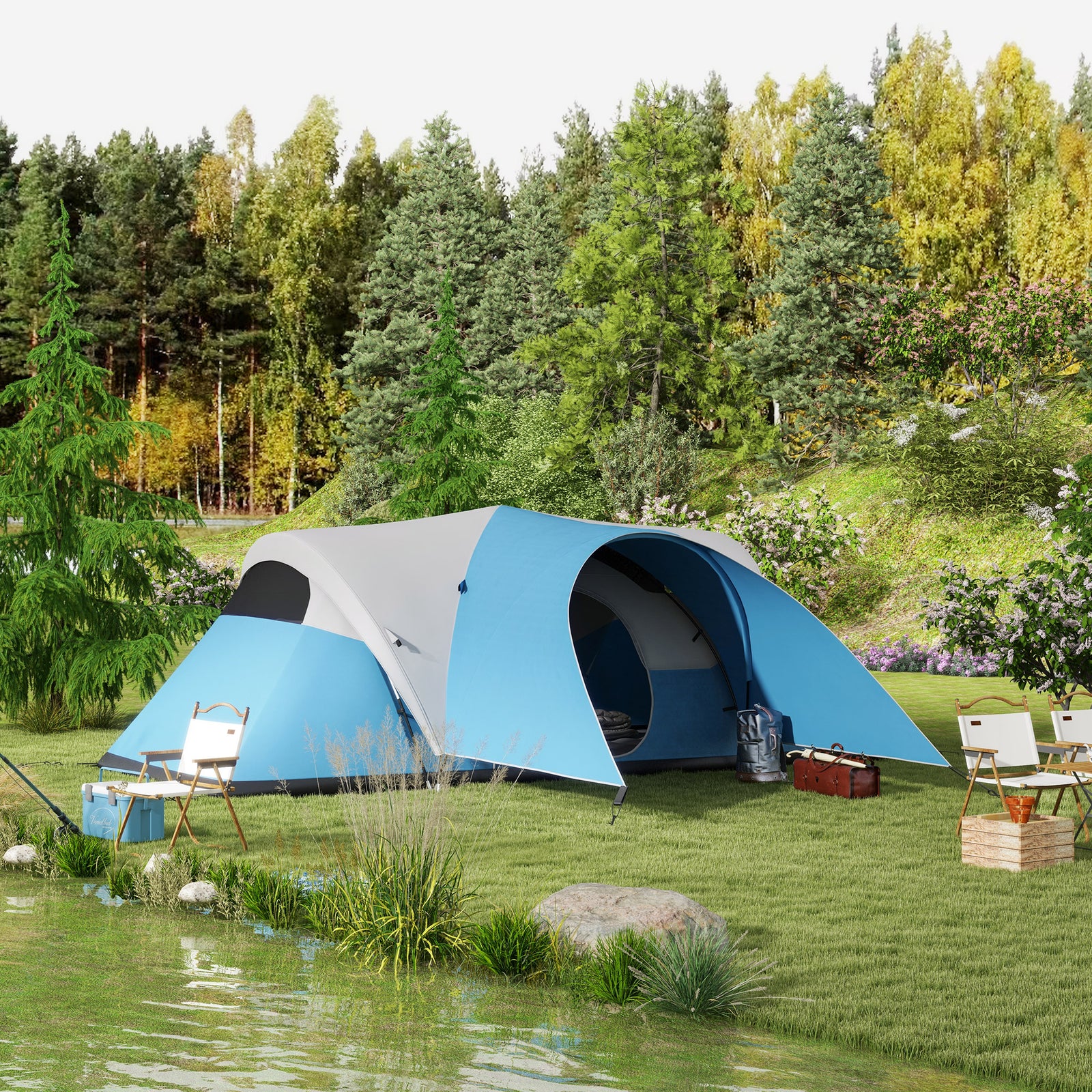 3000mm Waterproof Camping Tent W/ Porch Sewn In Groundsheet | Blue