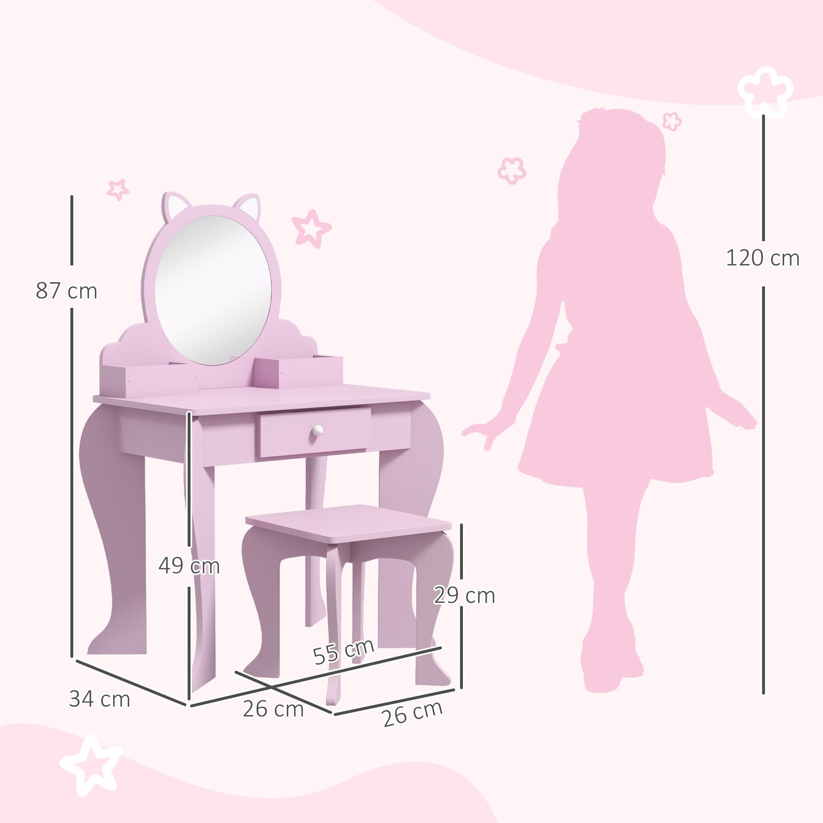 Dressing Table With Mirror And Stool, Drawer, Storage Boxes, Cat Design | Pink