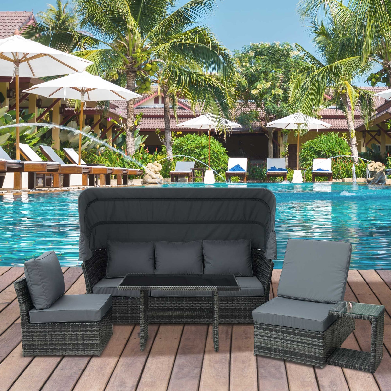 5 Pcs Outdoor Rattan Sofa Sets W/ Canopy Table
