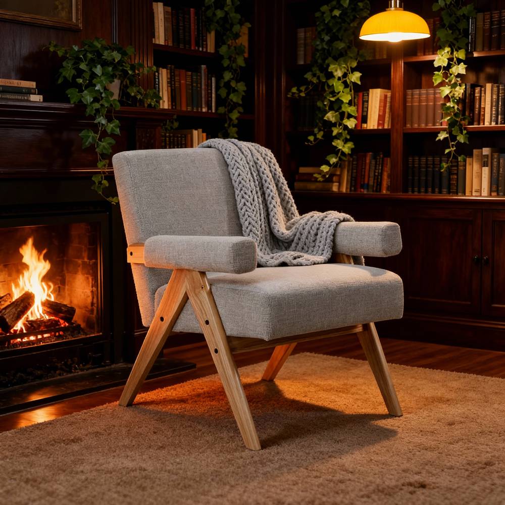 Linen Upholsteried Wooden Armchair