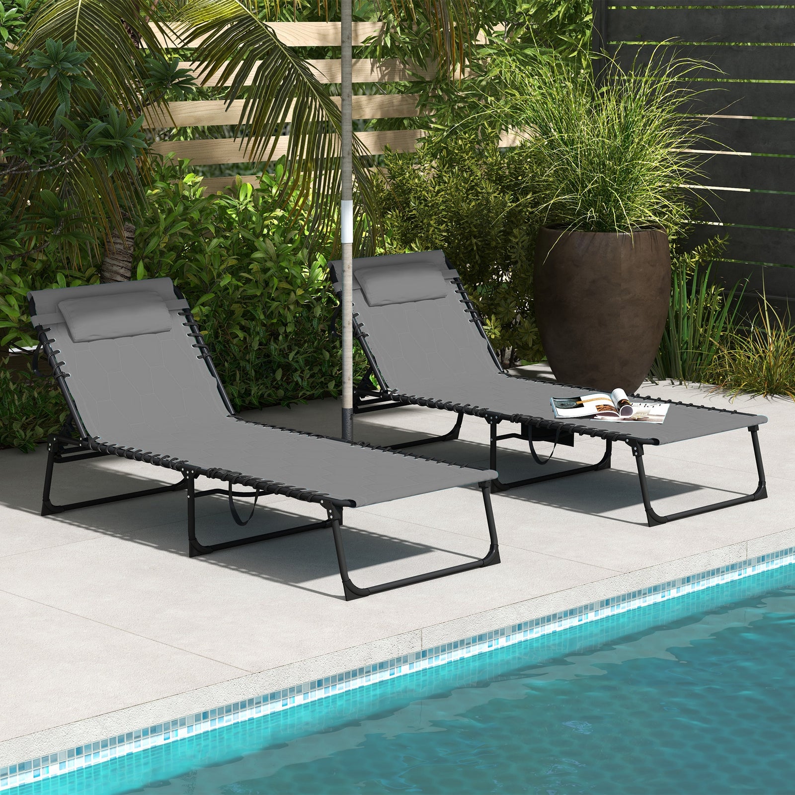 Foldable Sun Lounger Set W/ Padded Seat | Set-of-2 | Gray