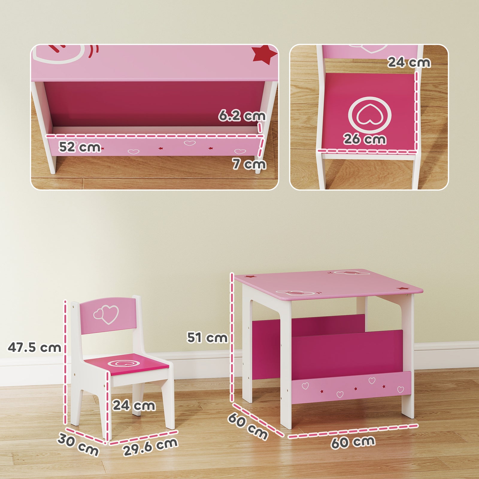 3 Pieces Kids Table And Chair Set With Bookshelves, Pink