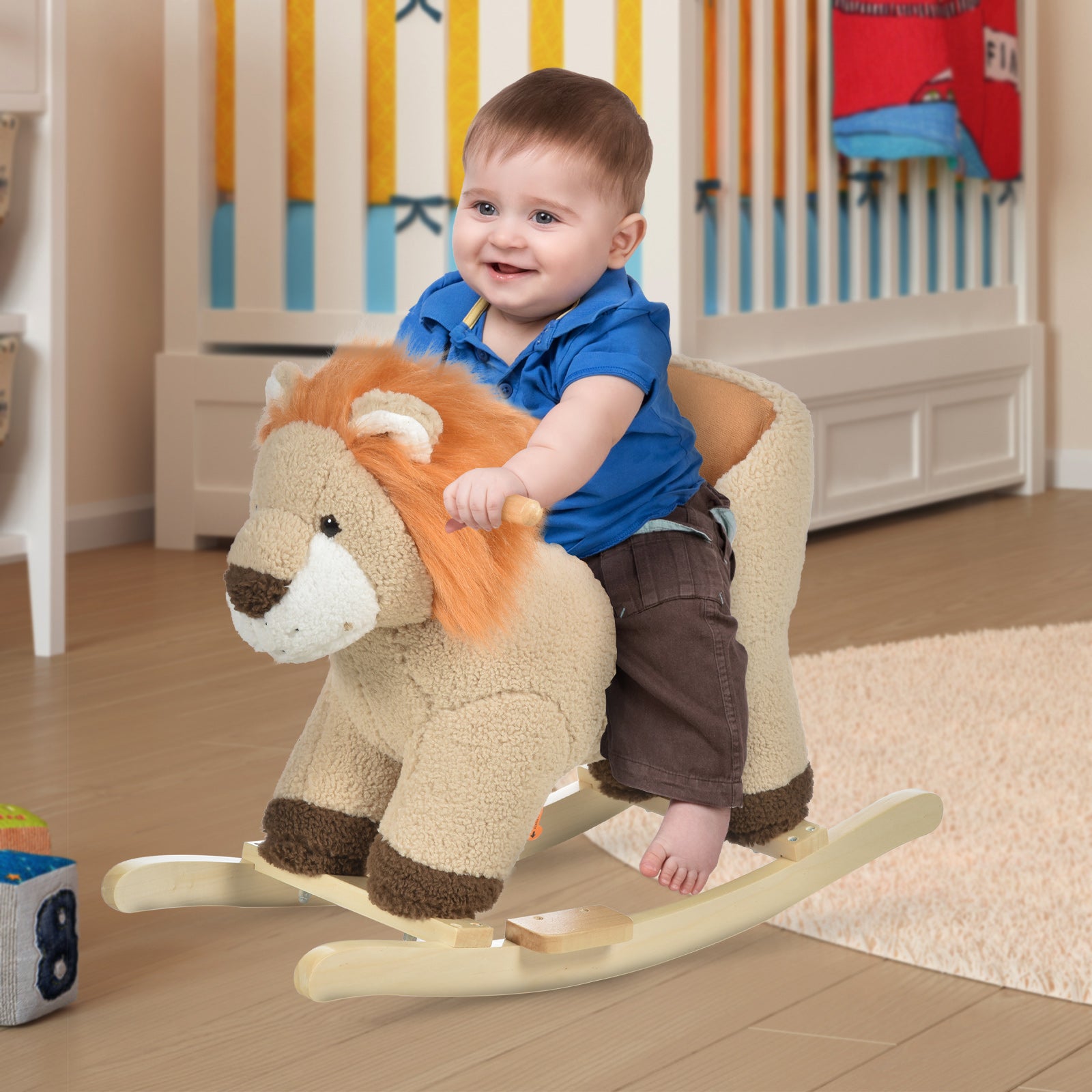 Kids Rocking Lion Plush Ride On Seat W/ Sound Button Wood Base Seat Belt