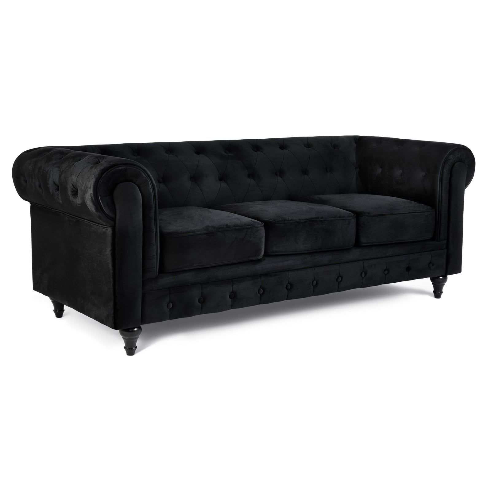 Button Tufted Velvet Living Room Sofa - 3 Seater | Black