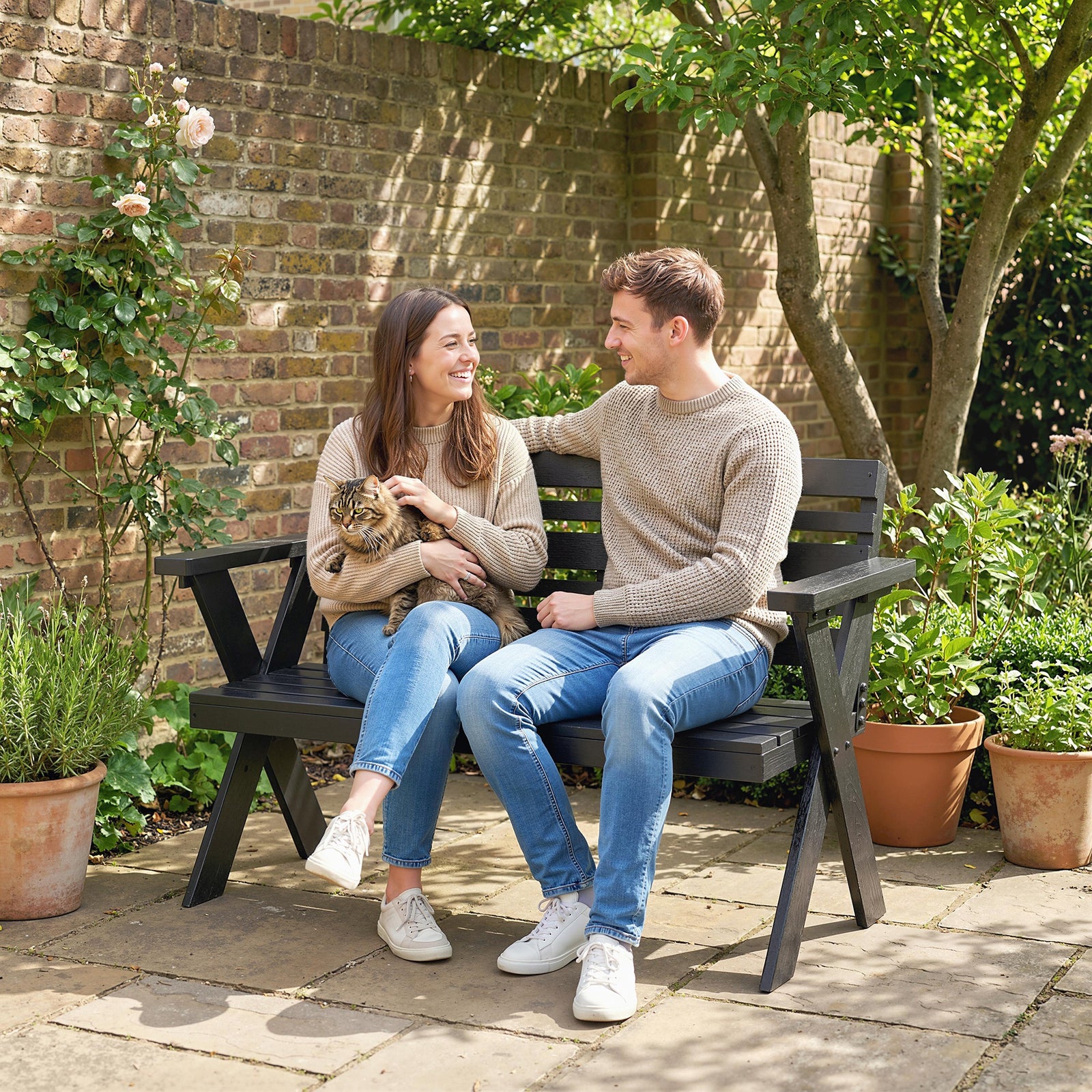 Outsunny 2 Seater Wood Garden Bench, Slatted Patio Bench With Armrest Black