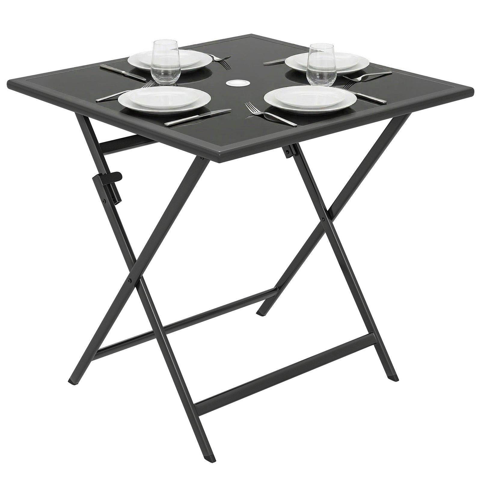Folding Square Garden Dining Table With Parasol Hole | Black