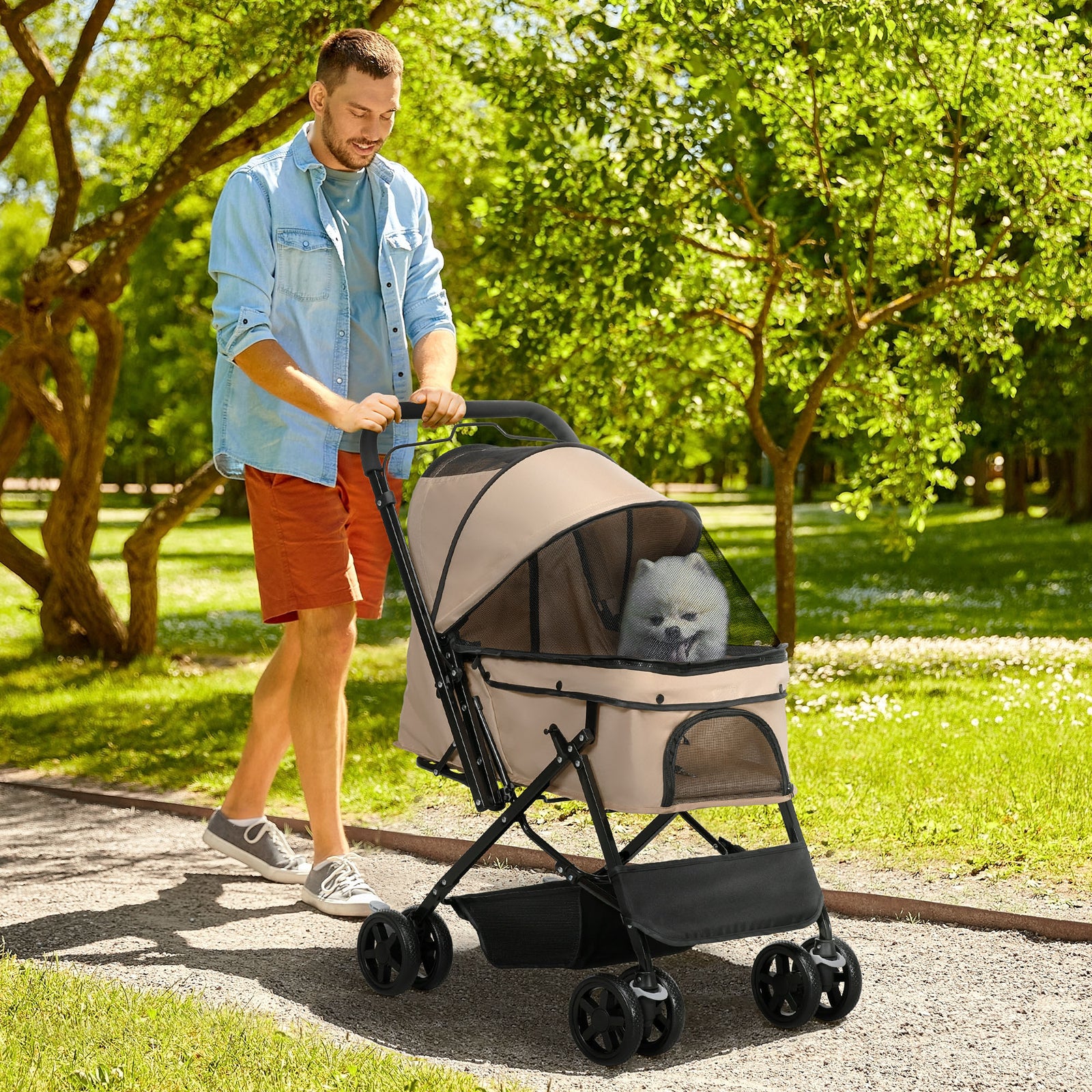 Pet Stroller Dog Foldable Travel Carriage With Reversible Handle | Brown