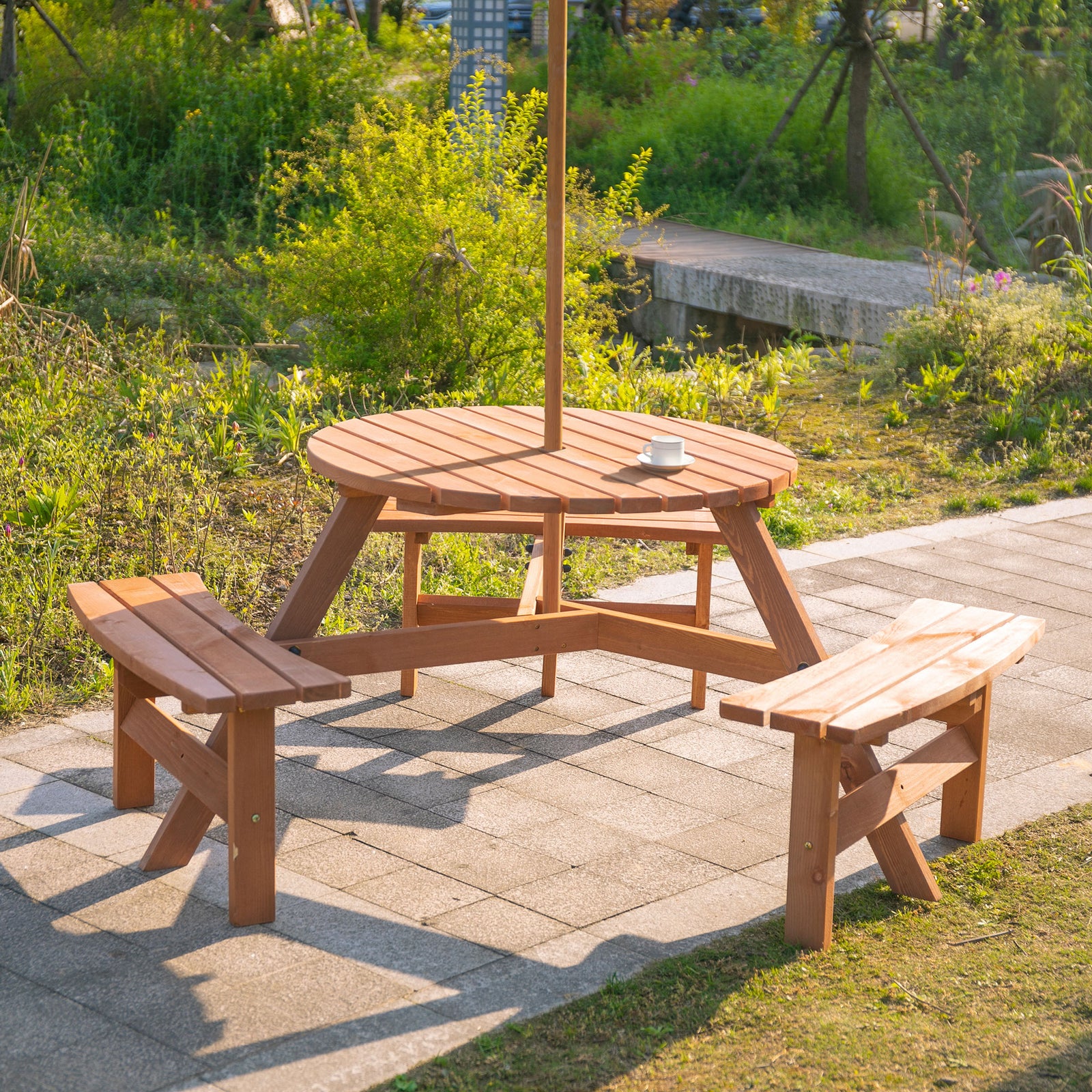6 Person Fir Wood Parasol Table Bench Set