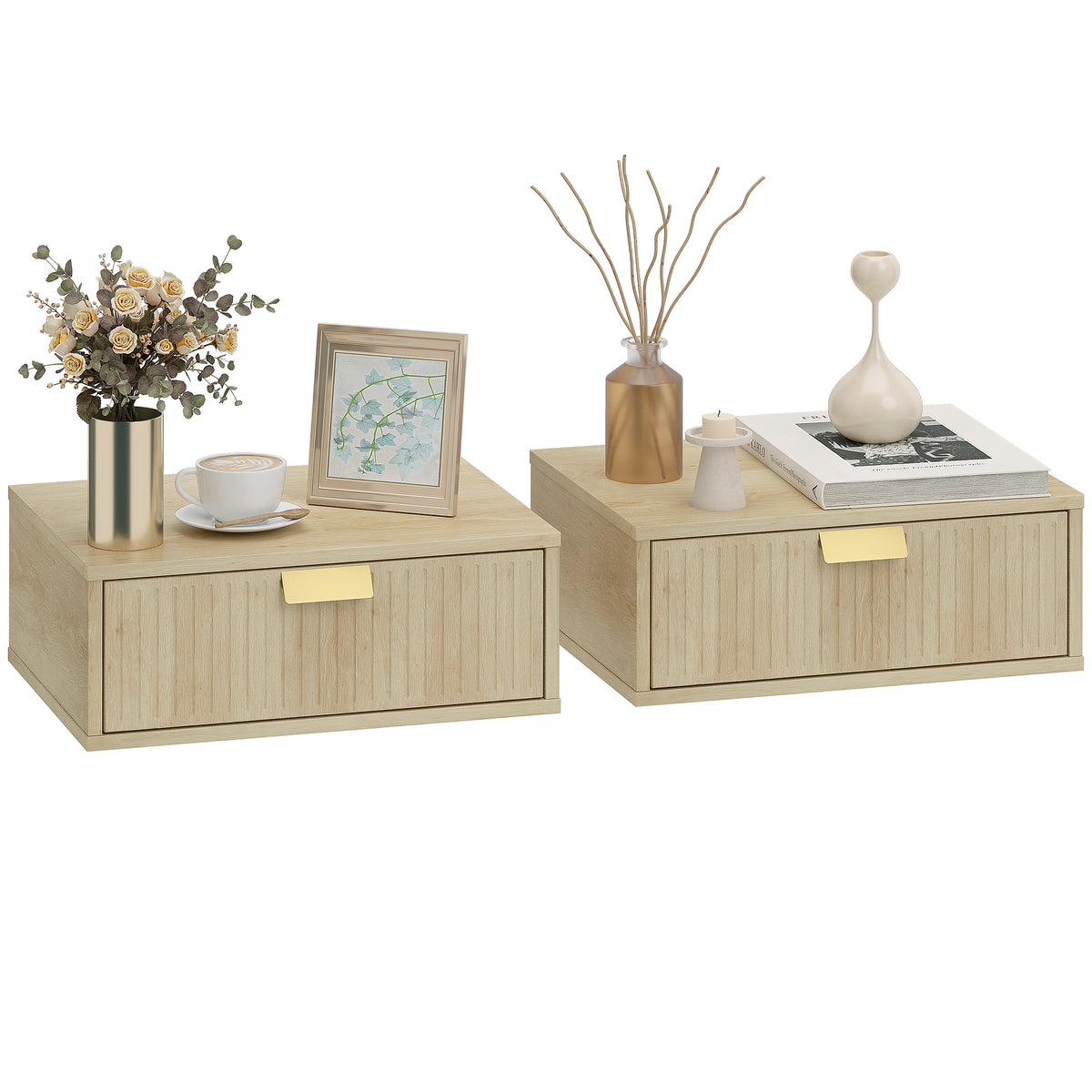 Floating Nightstands Set Of 2 Bedside Tables W/ Wave Drawer | Oak