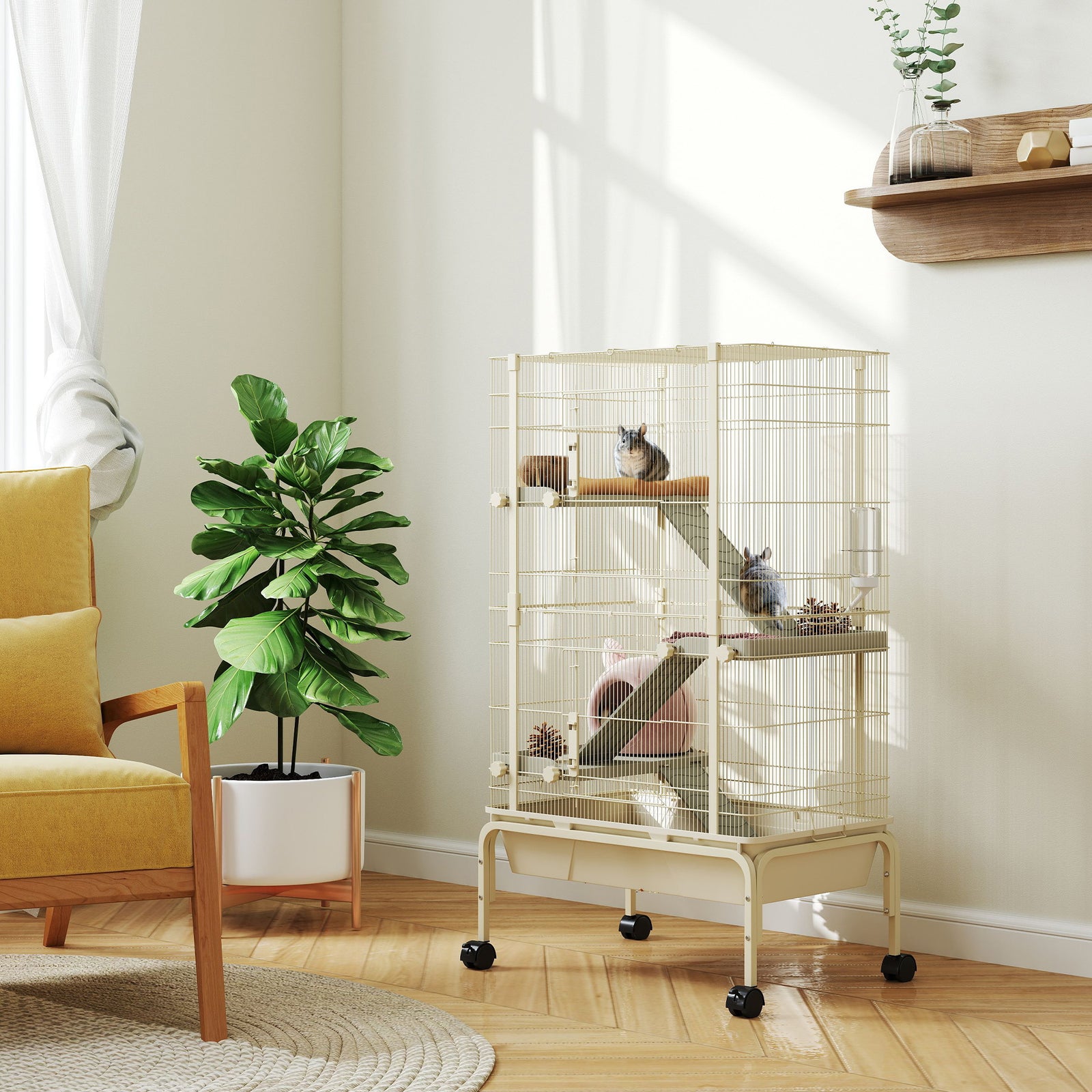 4 Levels Rolling Small Animal Cage With 3 Ramps, Water Bottle, Food Dish, Beige
