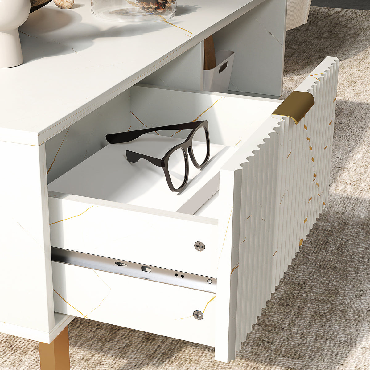 Coffee Table, Living Room Table With Drawer And Open Shelves | White