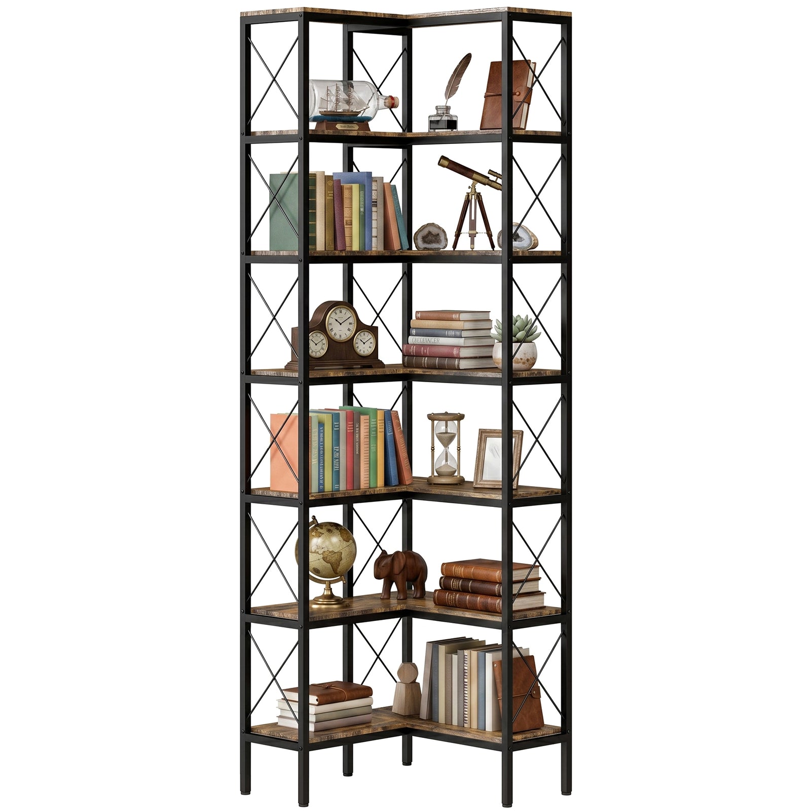 L-shaped Bookshelf, 6-tier Bookcase With Metal Frame, Rustic Brown | M | Rustic Brown