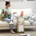HOMCOM C Shaped Side Table, Faux Marble Bedside Table With Charging Station
