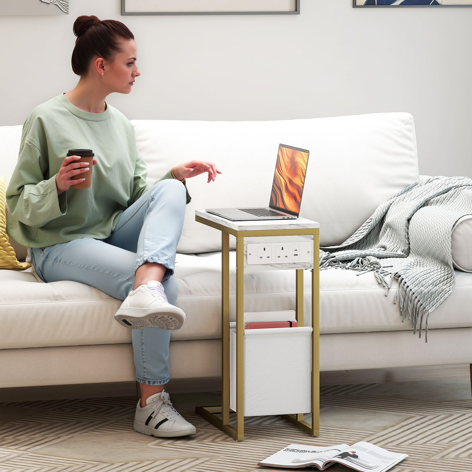 HOMCOM C Shaped Side Table, Faux Marble Bedside Table With Charging Station