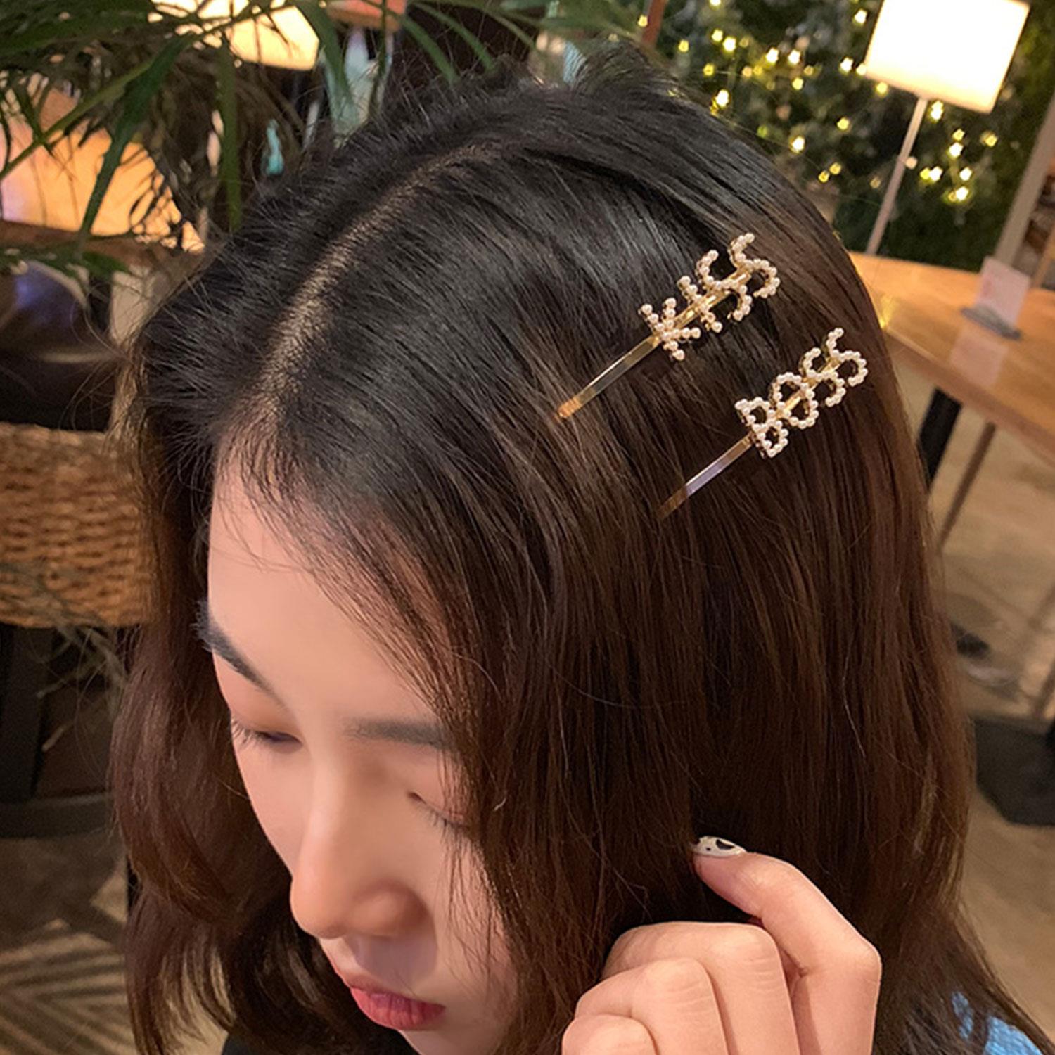 Pearl Words Hairpin Boss Letter Statement Hair Clip Fashion Accessory Gold