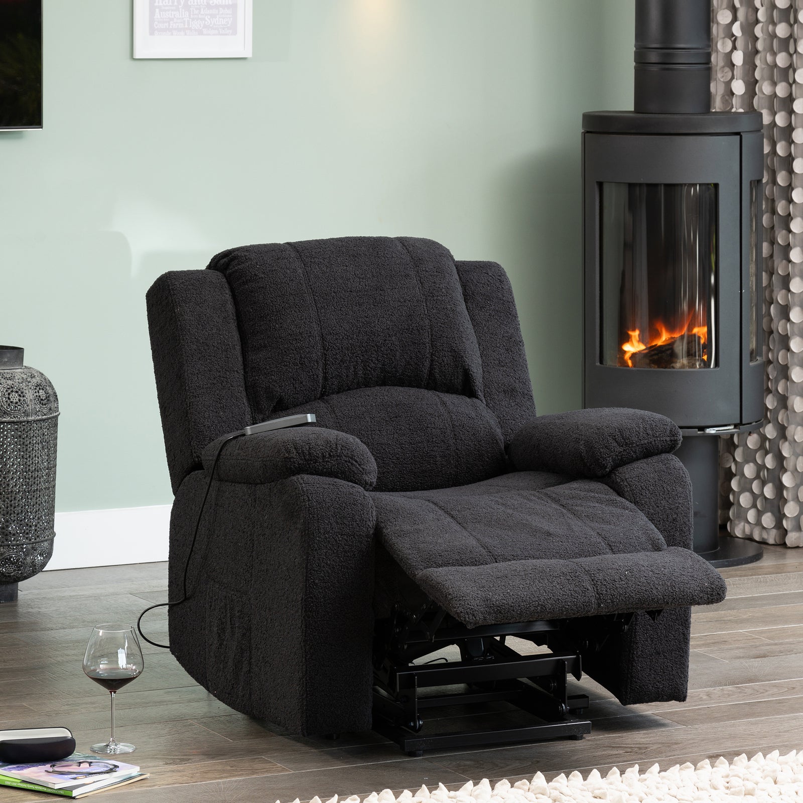 Ellington Boucle Fabric Electric Lift Assist Recliner With Massage And Heat | 1 | Dark Grey
