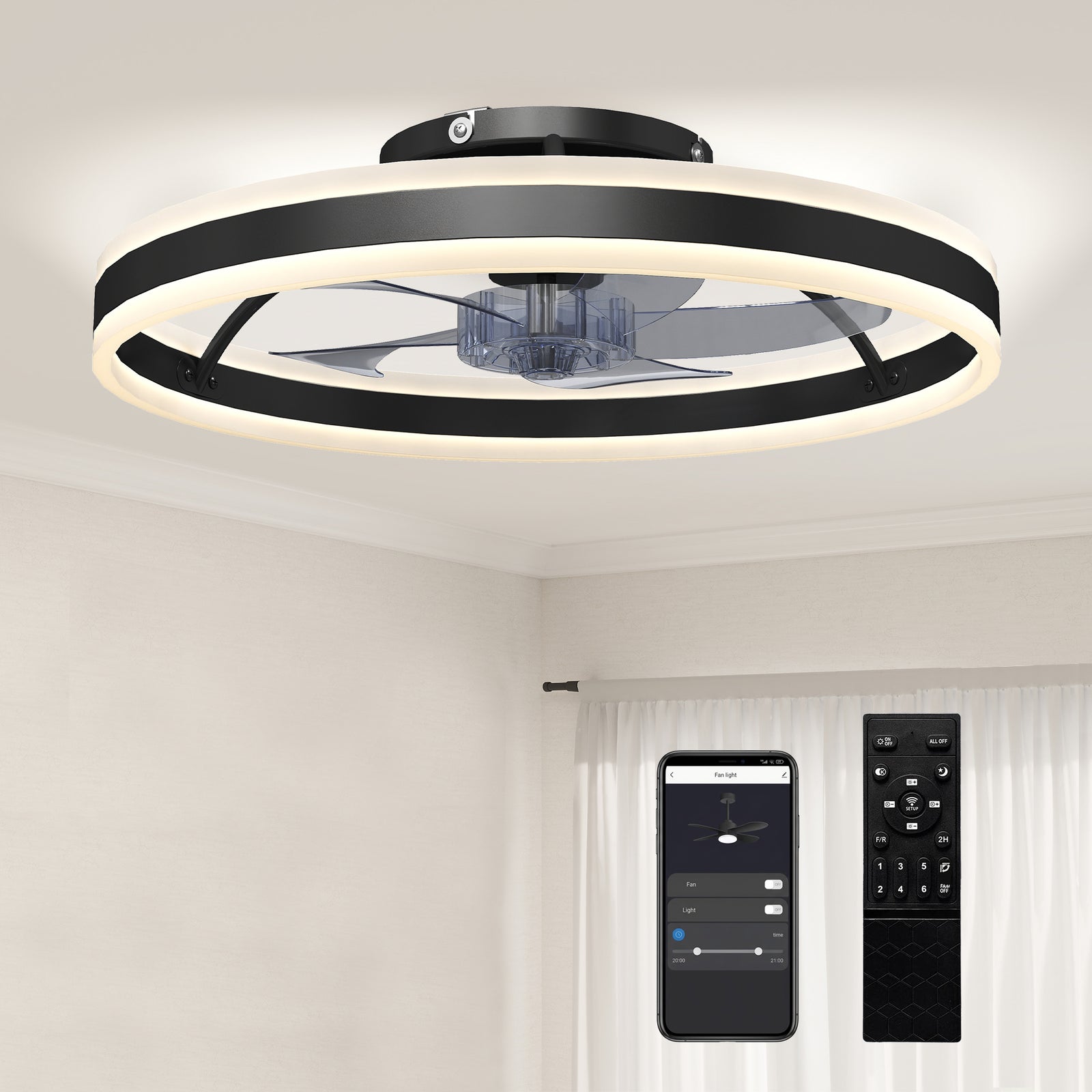 Ceiling Fan With Light And Remote, 3 Colour Temperatures, 50cm | Black