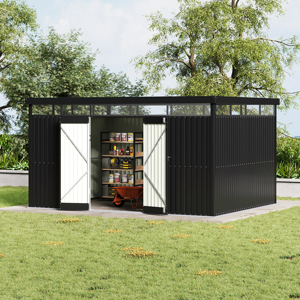Breeins 12.86 × 10.07 Ft Metal Garden Storage Shed Skylight Roof Shed Spacious Garden Storage Solution & Lockable Door