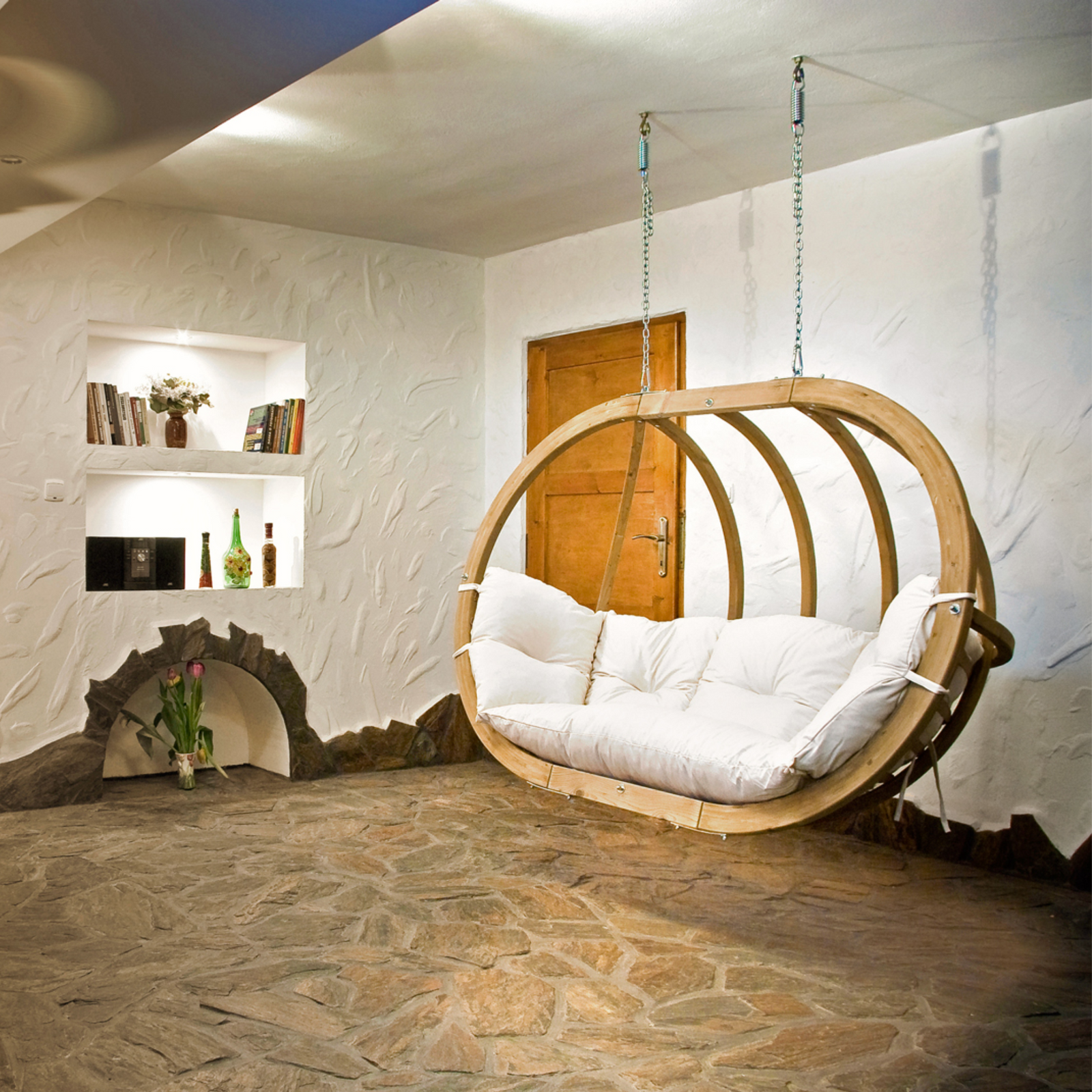 Globo Double 2 Seat/Person Wooden Hanging Egg Chair With Agora Fabric Weatherproof Cushion - Natura