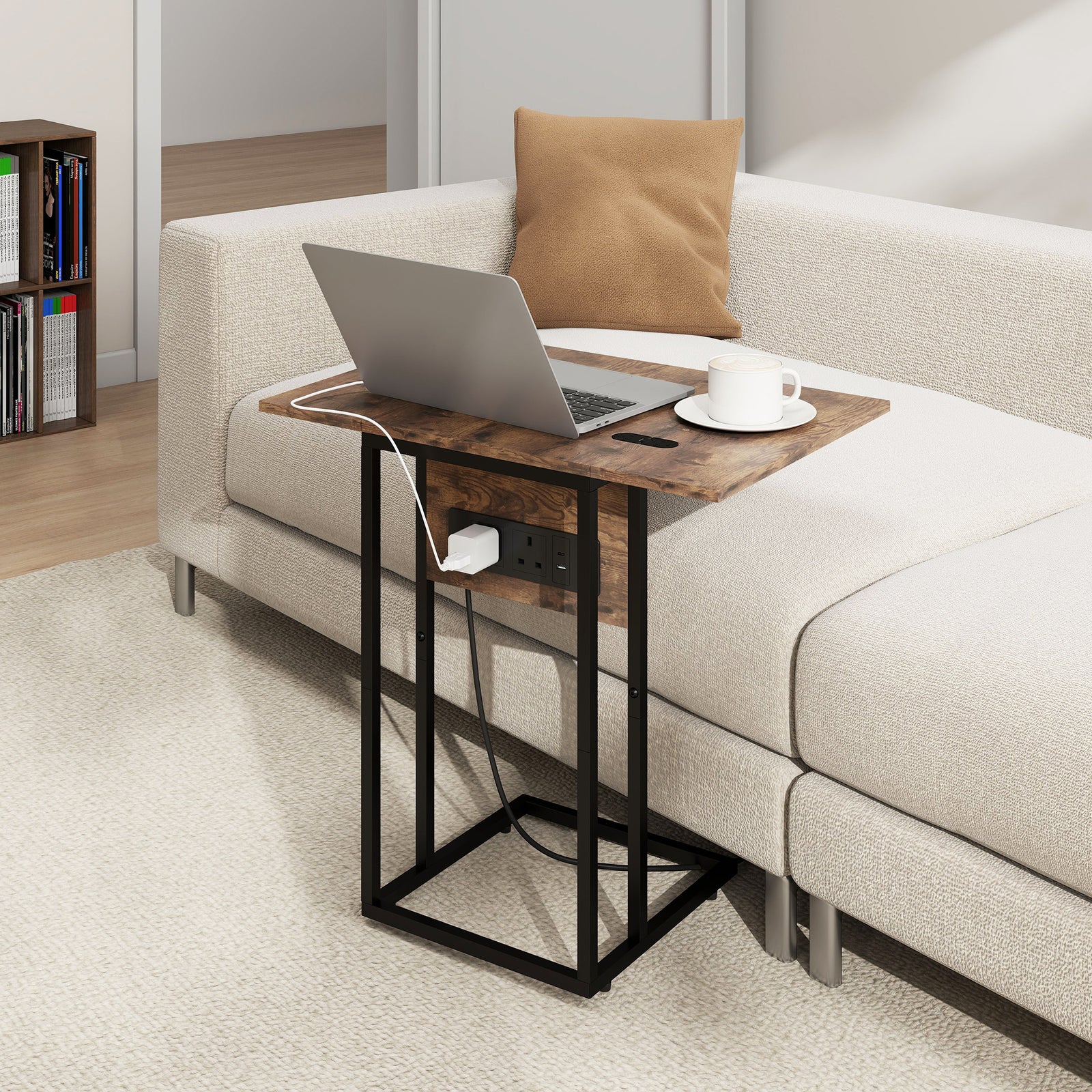 HOMCOM C Shaped Side Table With Charging Station And Foldable Top