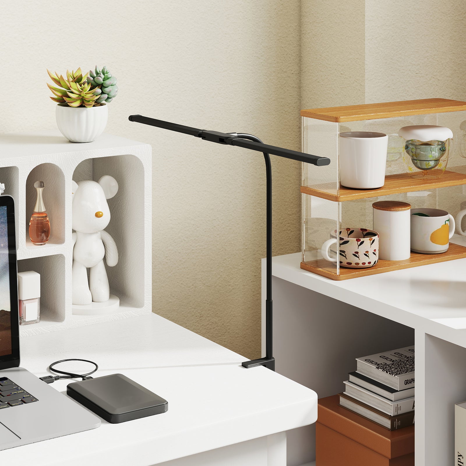 HOMCOM Double Head Table Lamp With 3 Colour Modes & 10 Dimmable, Black
