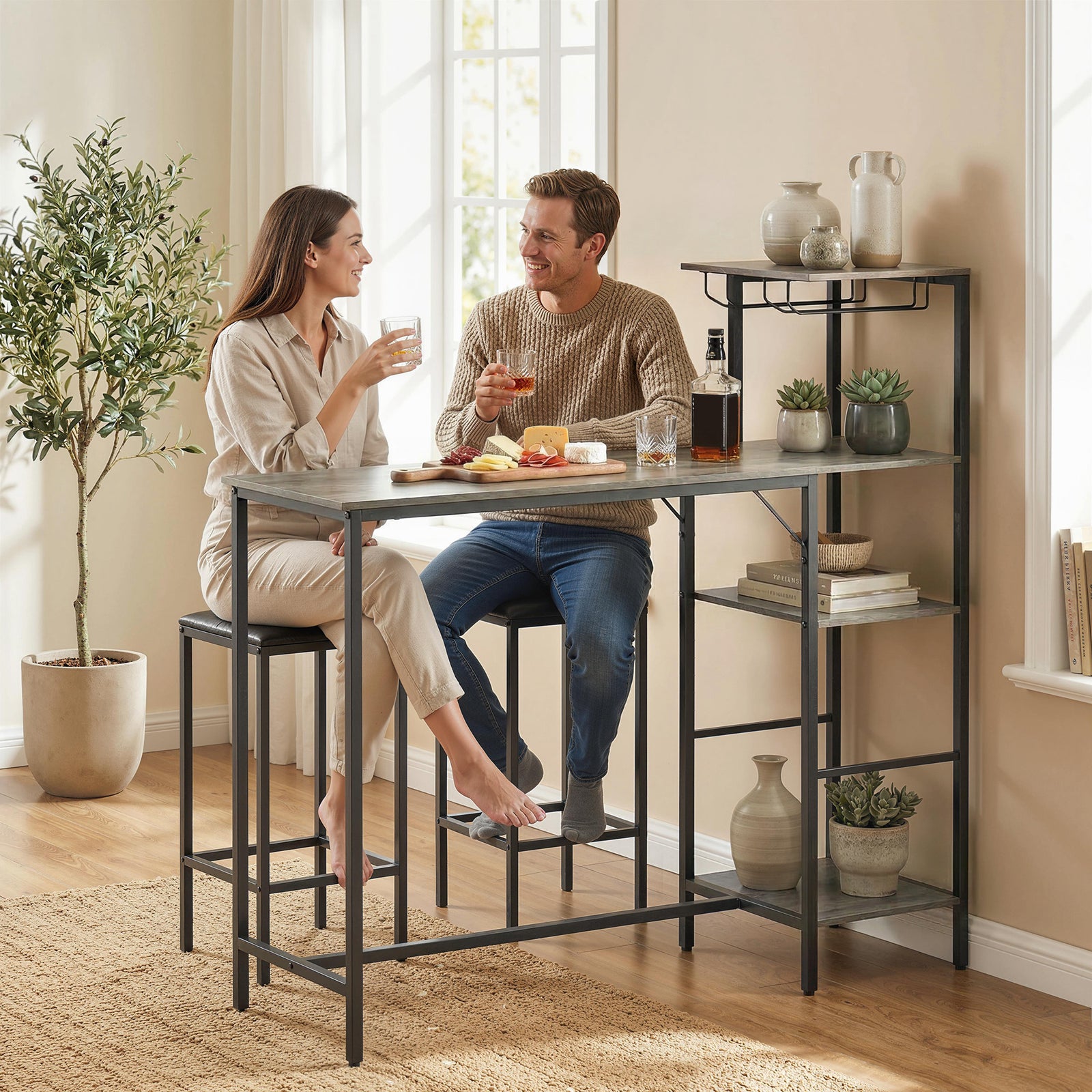 3pcs Breakfast Bar Table And Stools Set 4-tier Shelving | Grey