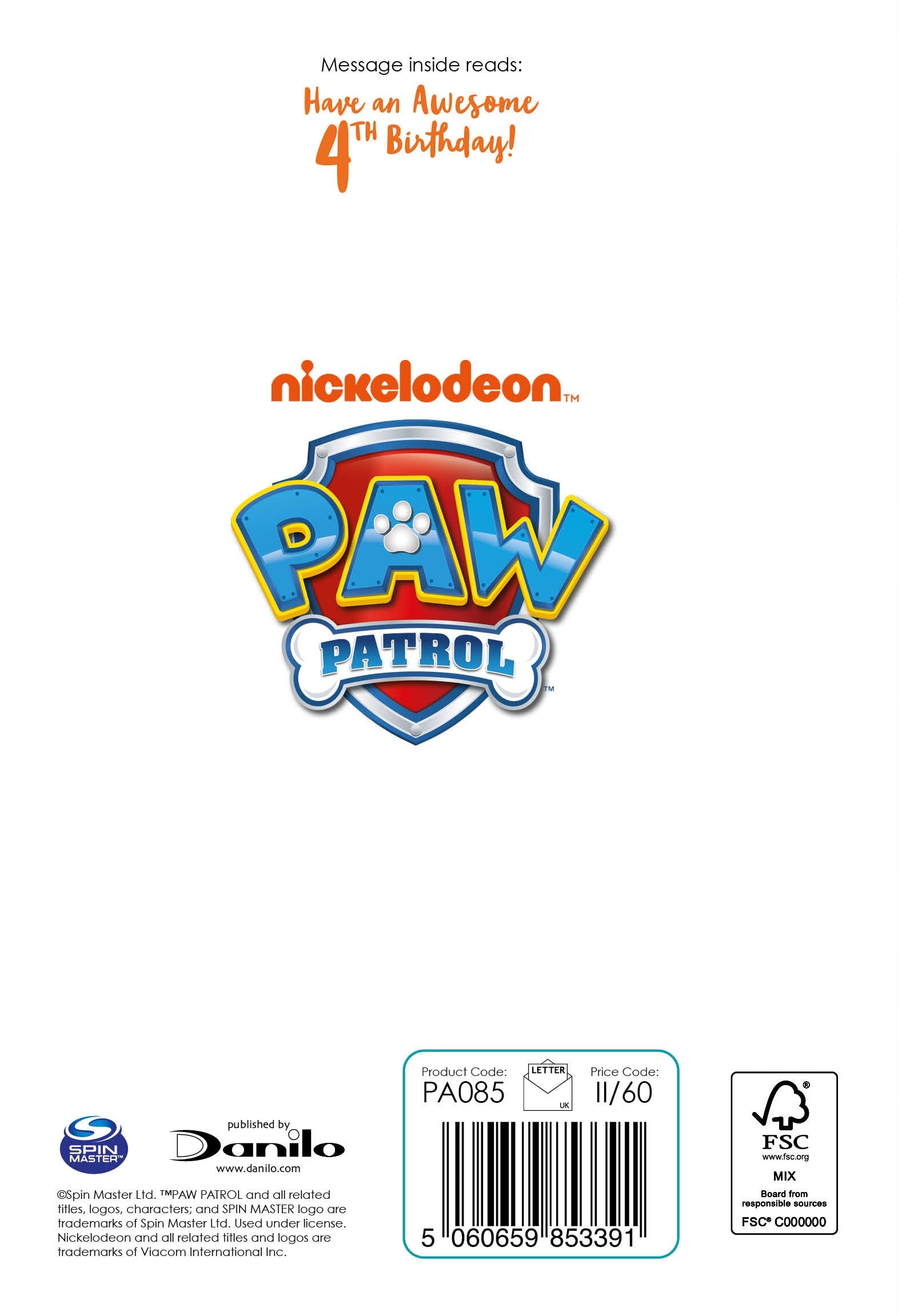 Paw Patrol Age 4 Birthday Card Official Product