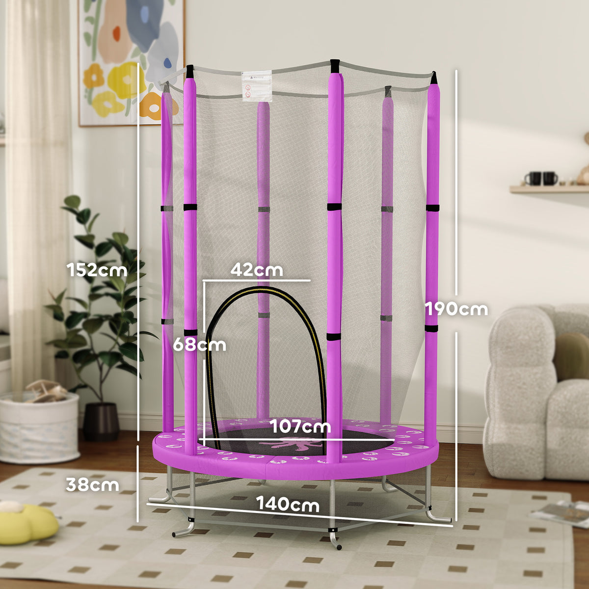 4.6ft Kids Trampoline W/ Safety Enclosure Net, For Indoor Outdoor | Purple