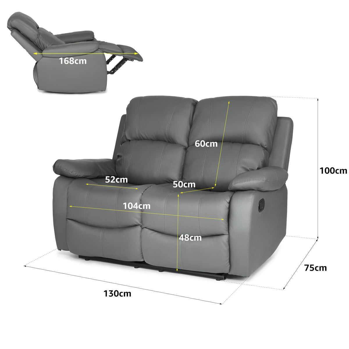 Manual Recliner Sofa 2 Seater Faux Leather | Grey