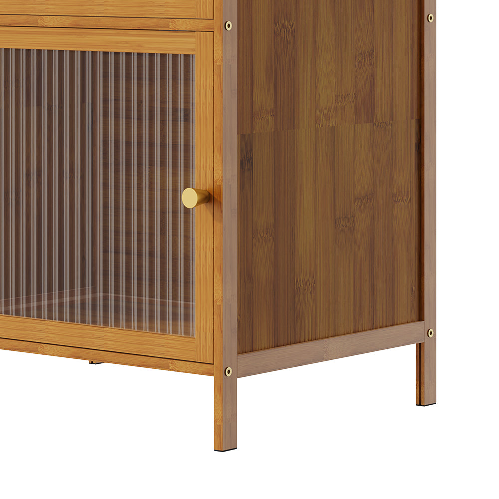 Versatile 3-tier Storage Cabinet With Transparent Doors,bamboo & Mdf Freestanding Organizer For Small Spaces