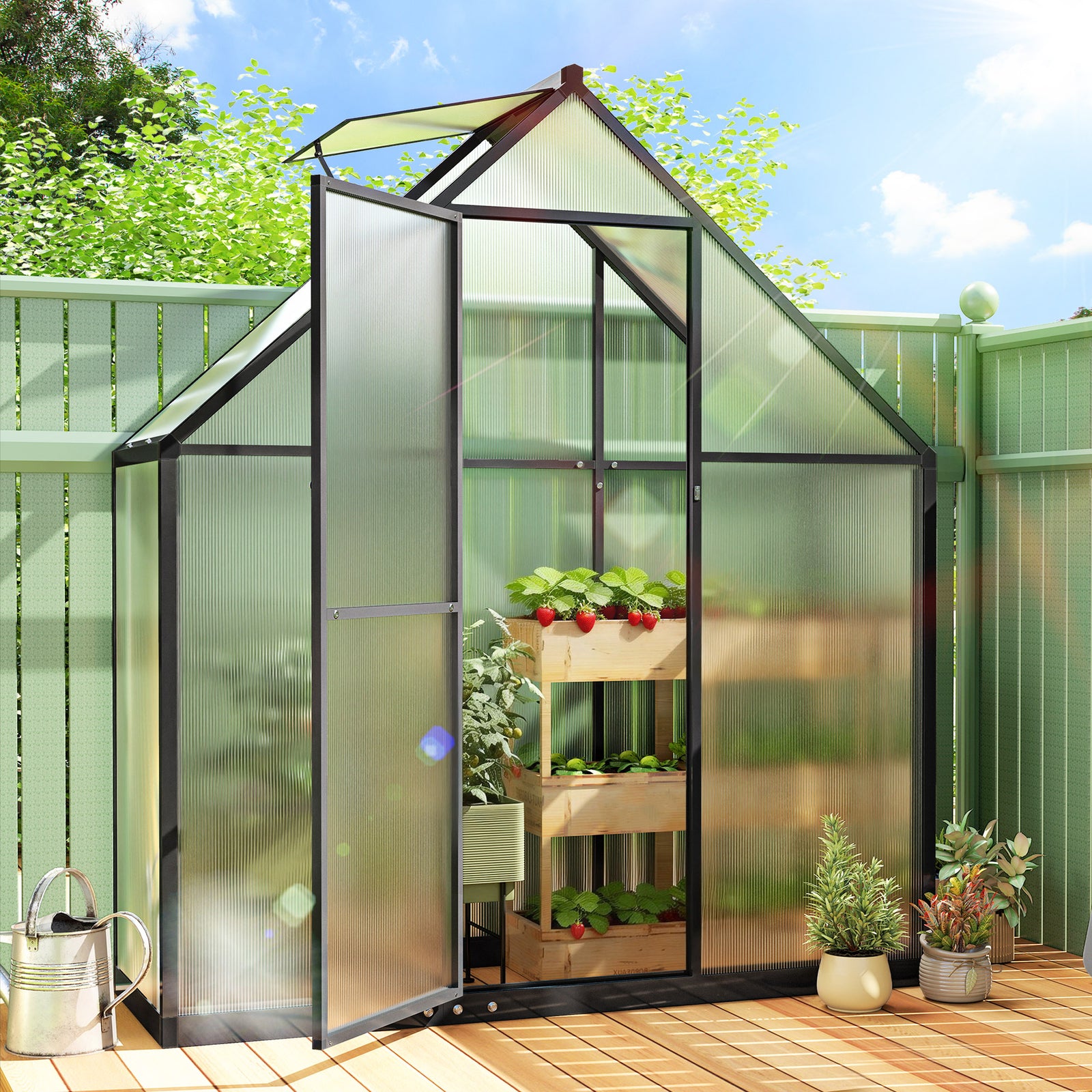 Outsunny Polycarbonate Greenhouse Garden Green House With Swing Door, Black
