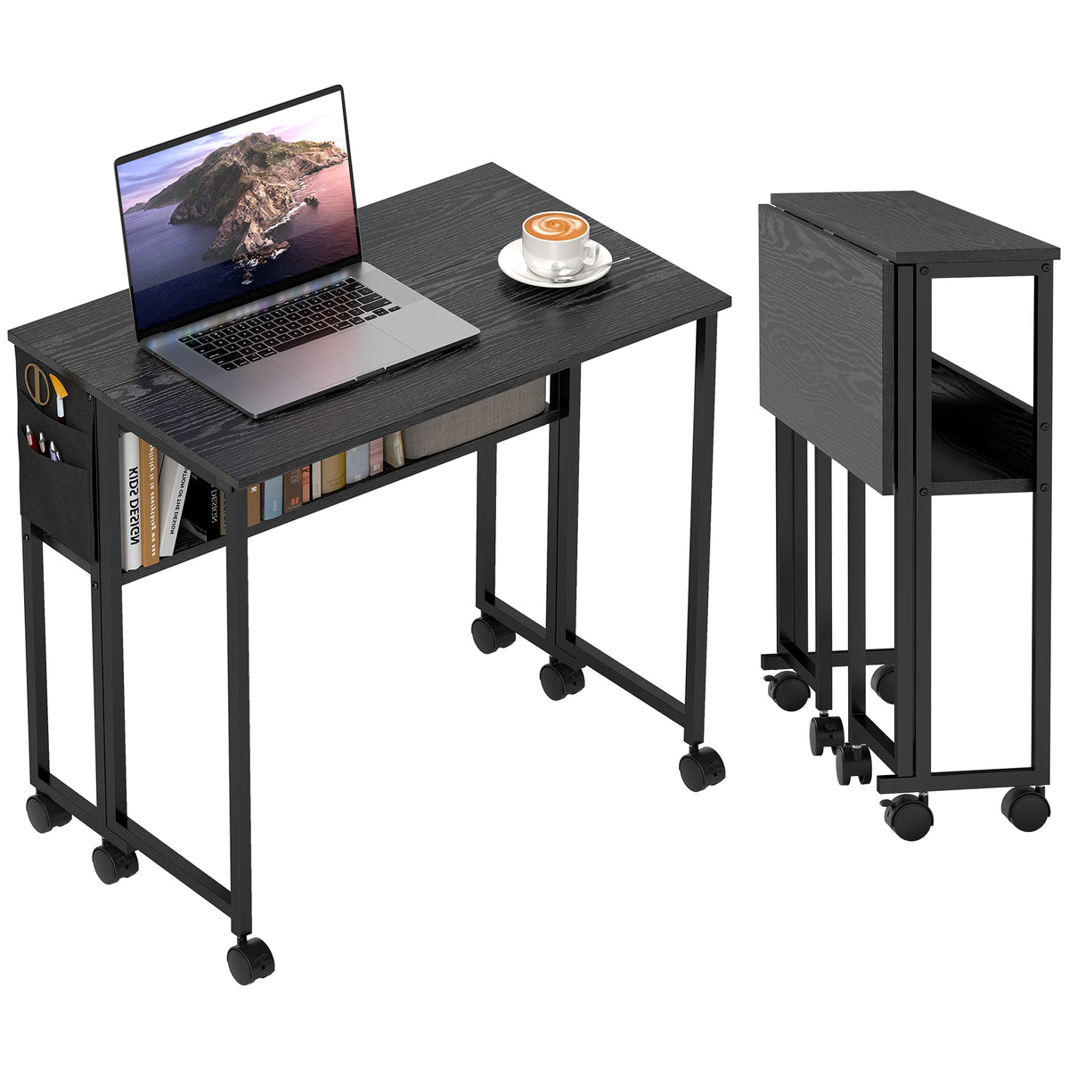 HOMCOM Foldable Computer Desk On Wheels For Small Spaces Black