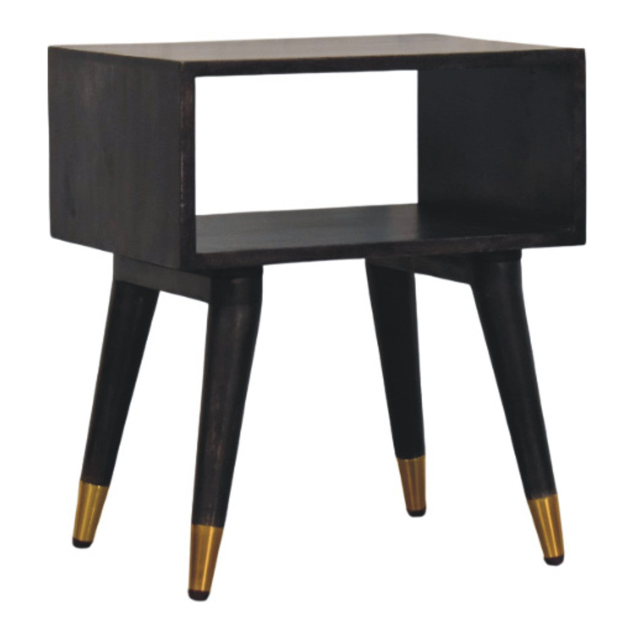Solid Wood Mid-century Open Bedside, Open Shelf, Black