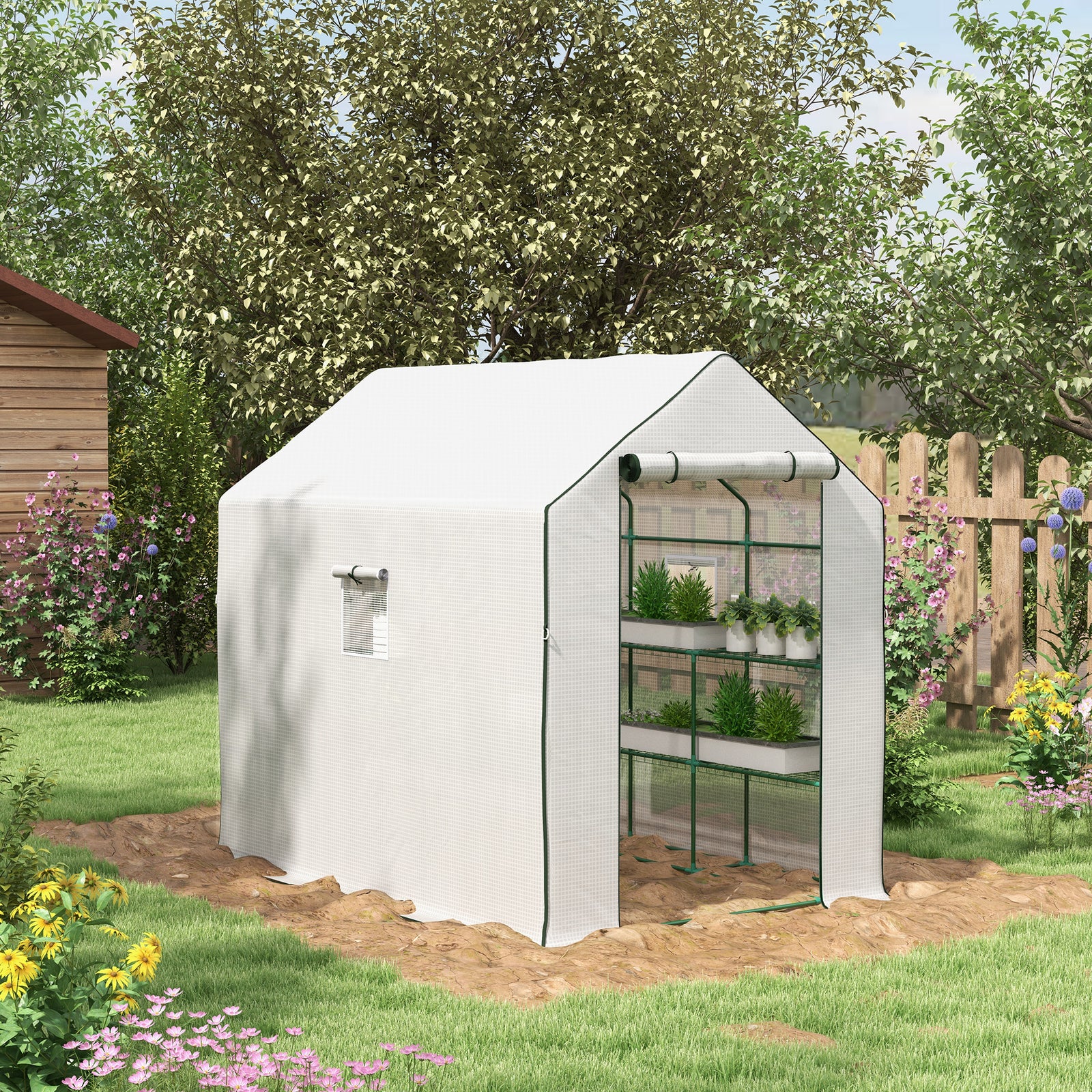 Walk-in Greenhouse W/ 3 Tier Shelves | White