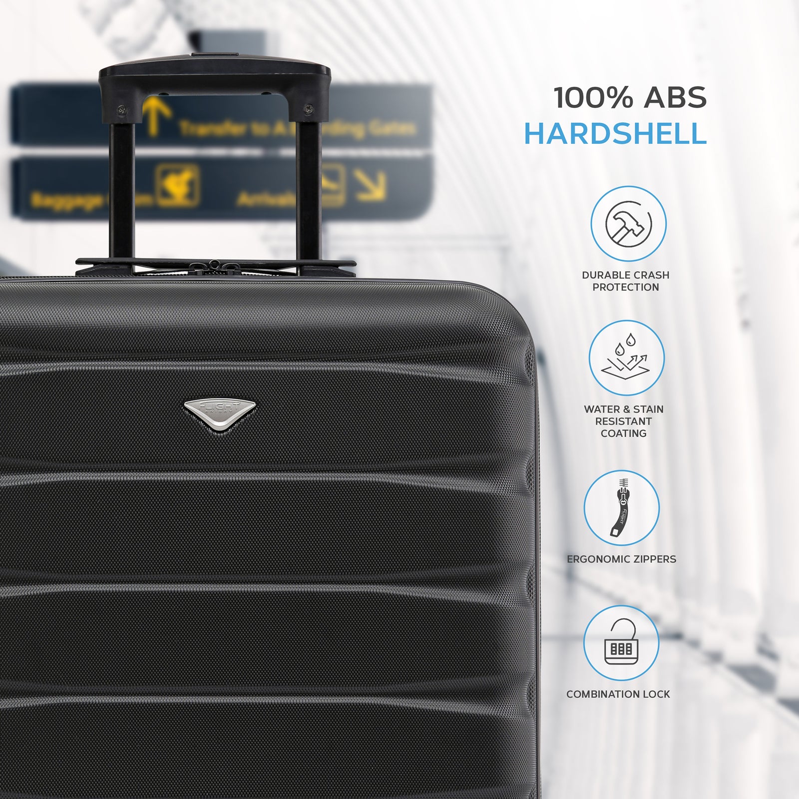 56x45x25cm Hard Cabin Suitcase - Lightweight 2-Wheel ABS Carry On Hand Luggage | Cabin | Black