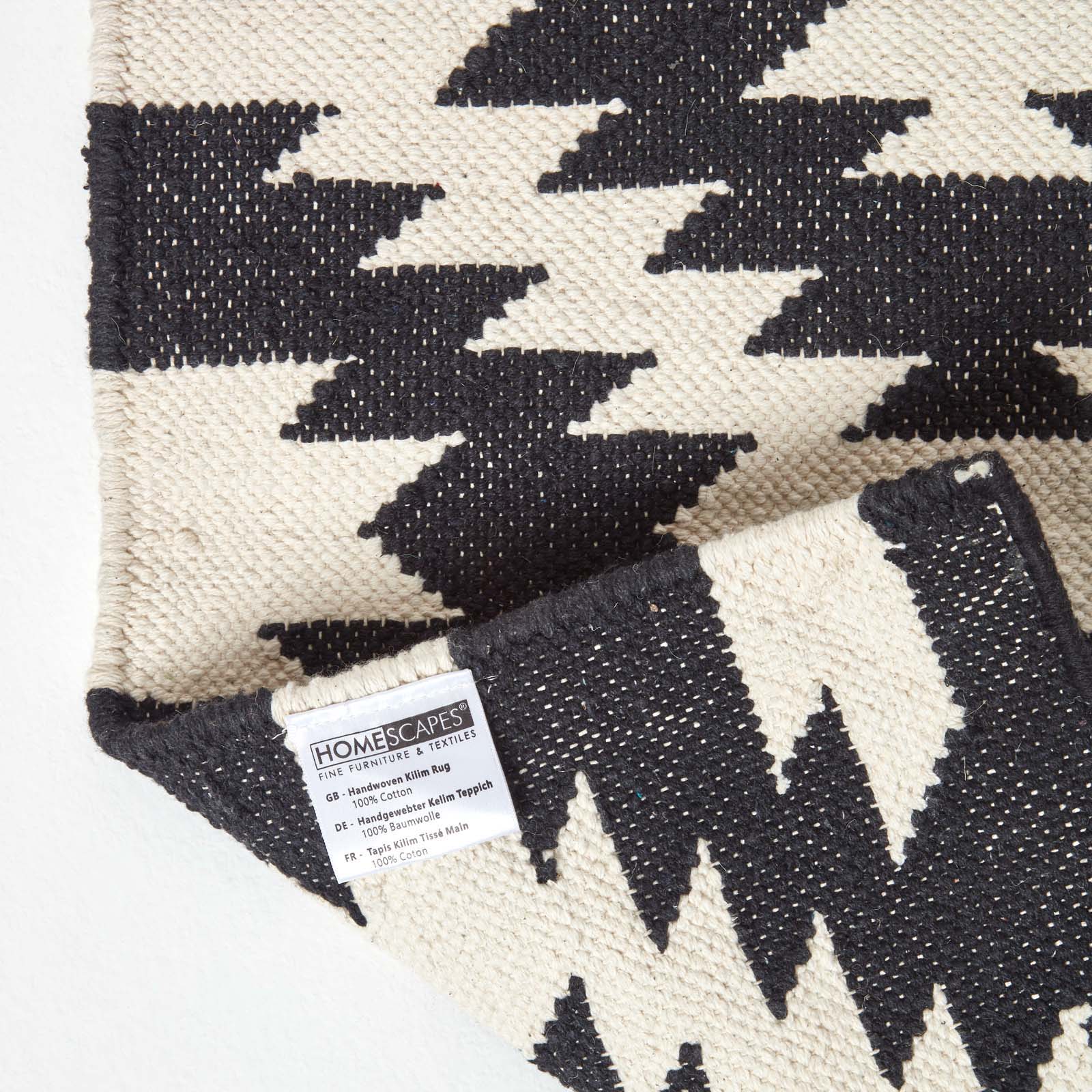 Zurich Handwoven Black And White Cotton Geometric Kilim Rug | 120cm x 180cm | Black & White