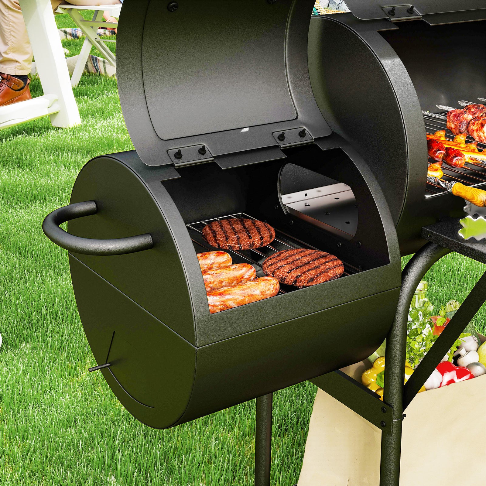 Portable Outdoor Charcoal Grill Bbq Grill With Offset Smoker Black