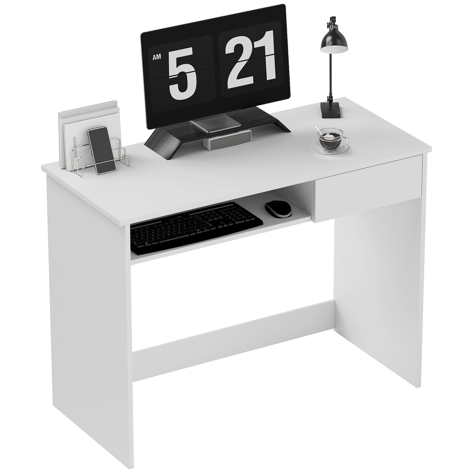 Compact Computer Table With Keyboard Tray And Drawer | White