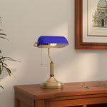 Banker's Table Lamp W/ Antique Bronze Tone Base | One Size | Blue