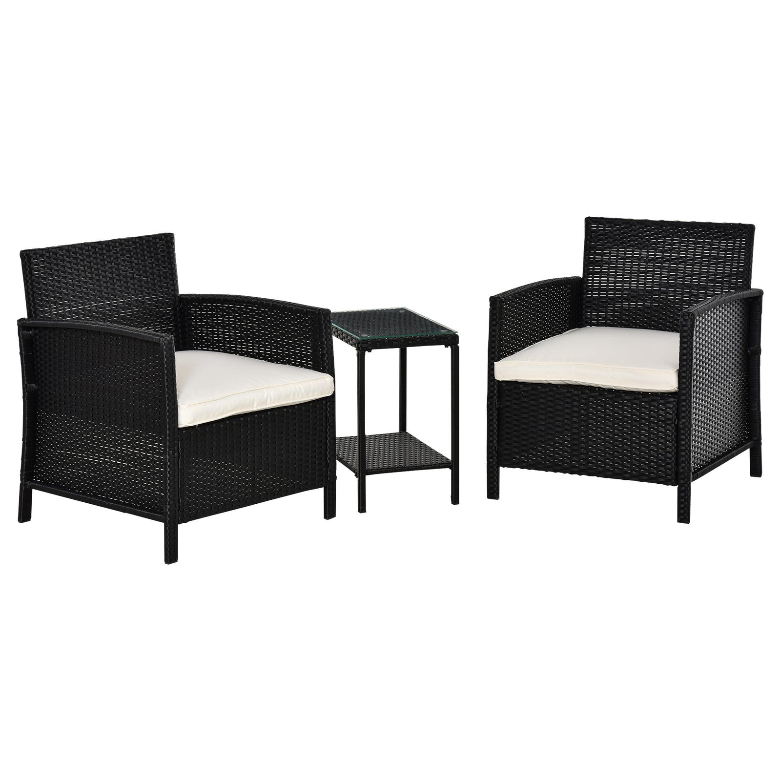 3 Pc Outdoor Rattan Sofa Set W/ Chairs Coffee Table Cushion | Black