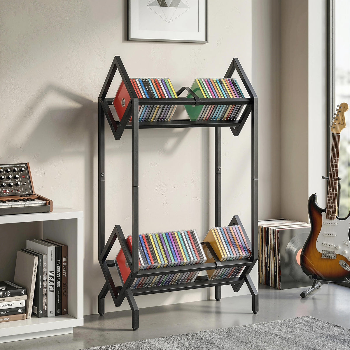 HOMCOM 50 Cd Storage Rack, 2-tier Metal Display Rack For Cds, Dvds, Black