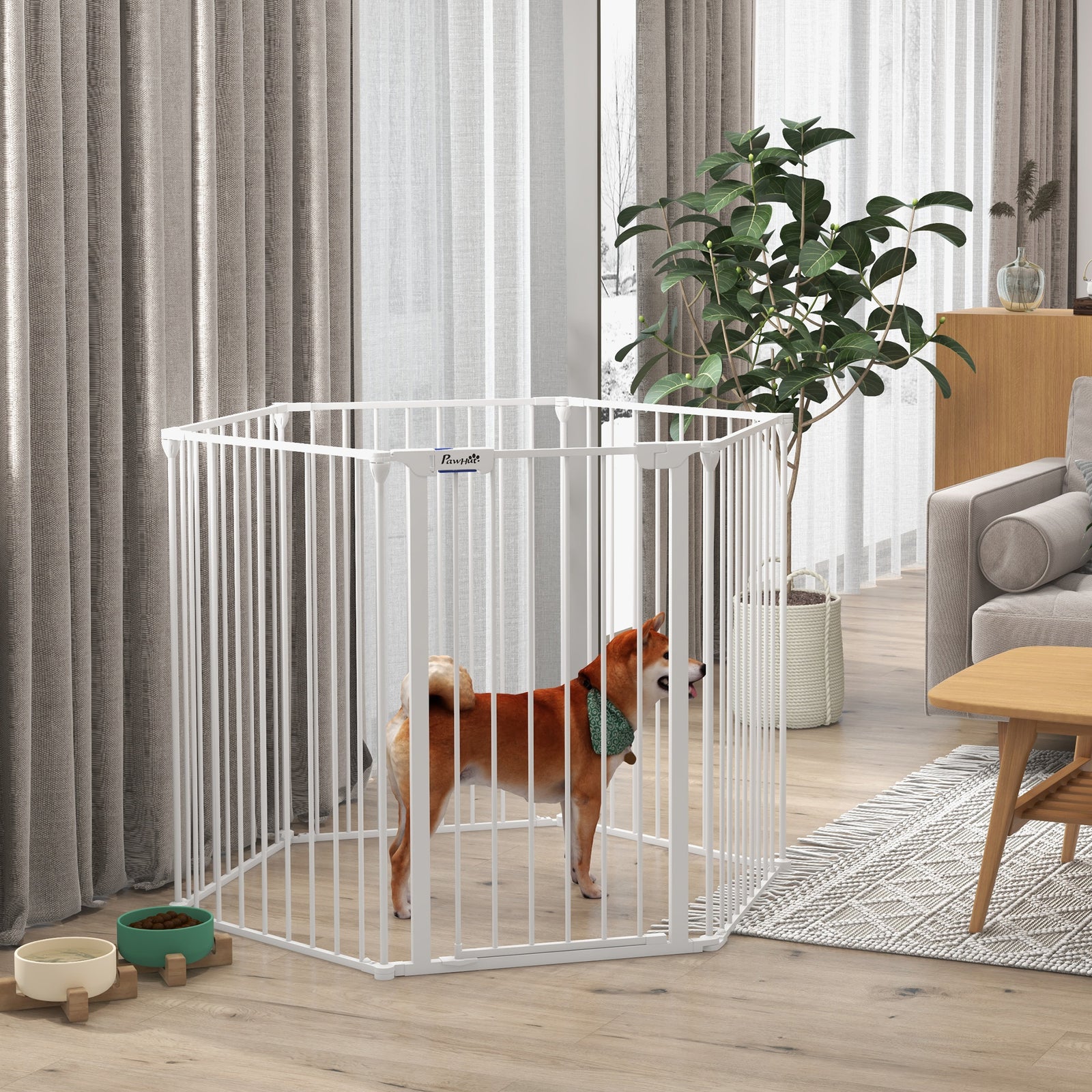 2 In 1 Dog Pen, Safety Pet Gate, 6 Panels, For Medium Dogs, 90hcm - White