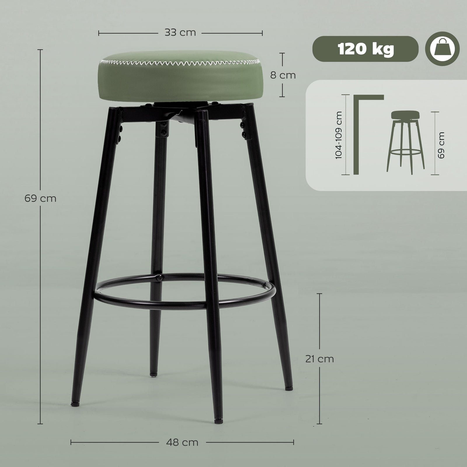 Swivel Bar Stools Set Of 2, Pu Leather Barstools With Footrest | Green