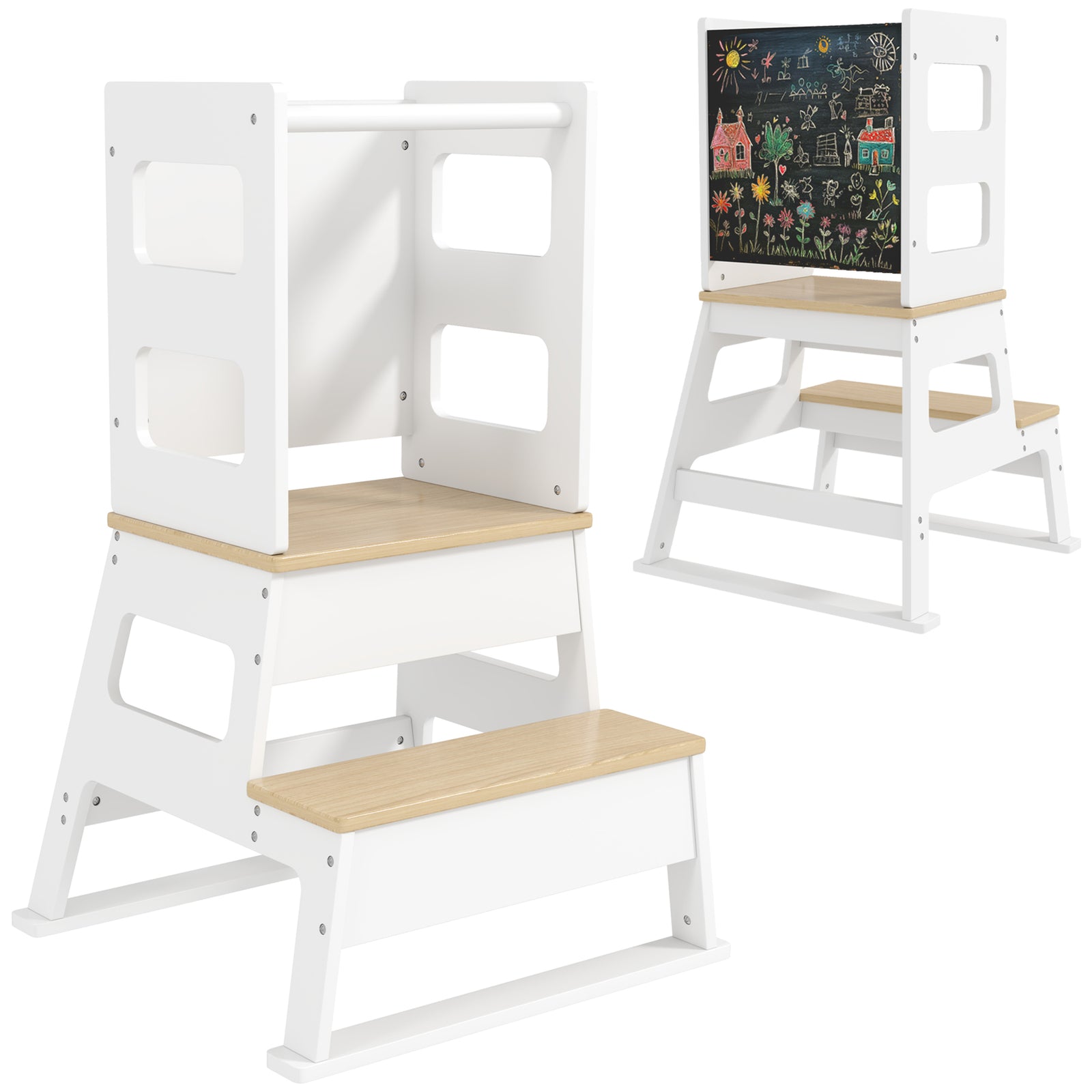 Aiyaplay 2 In 1 Toddler Tower W/ Chalkboard, Safety Rail, For Kitchen, Sink