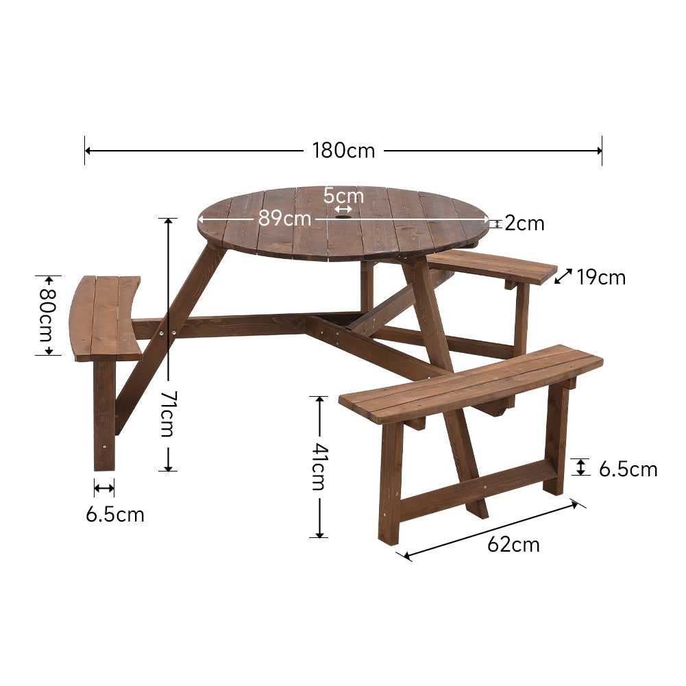 6 Seater Round Wood Picnic Table And Bench Set