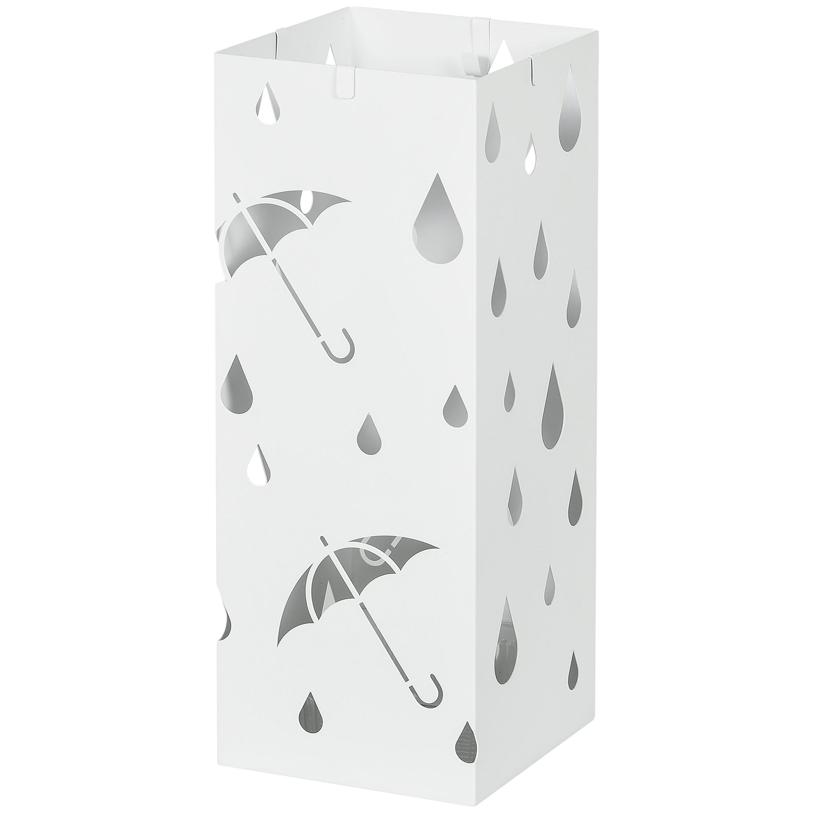 Metal Umbrella Stand, Square Umbrella Basket With 4 Hooks | One Size | White