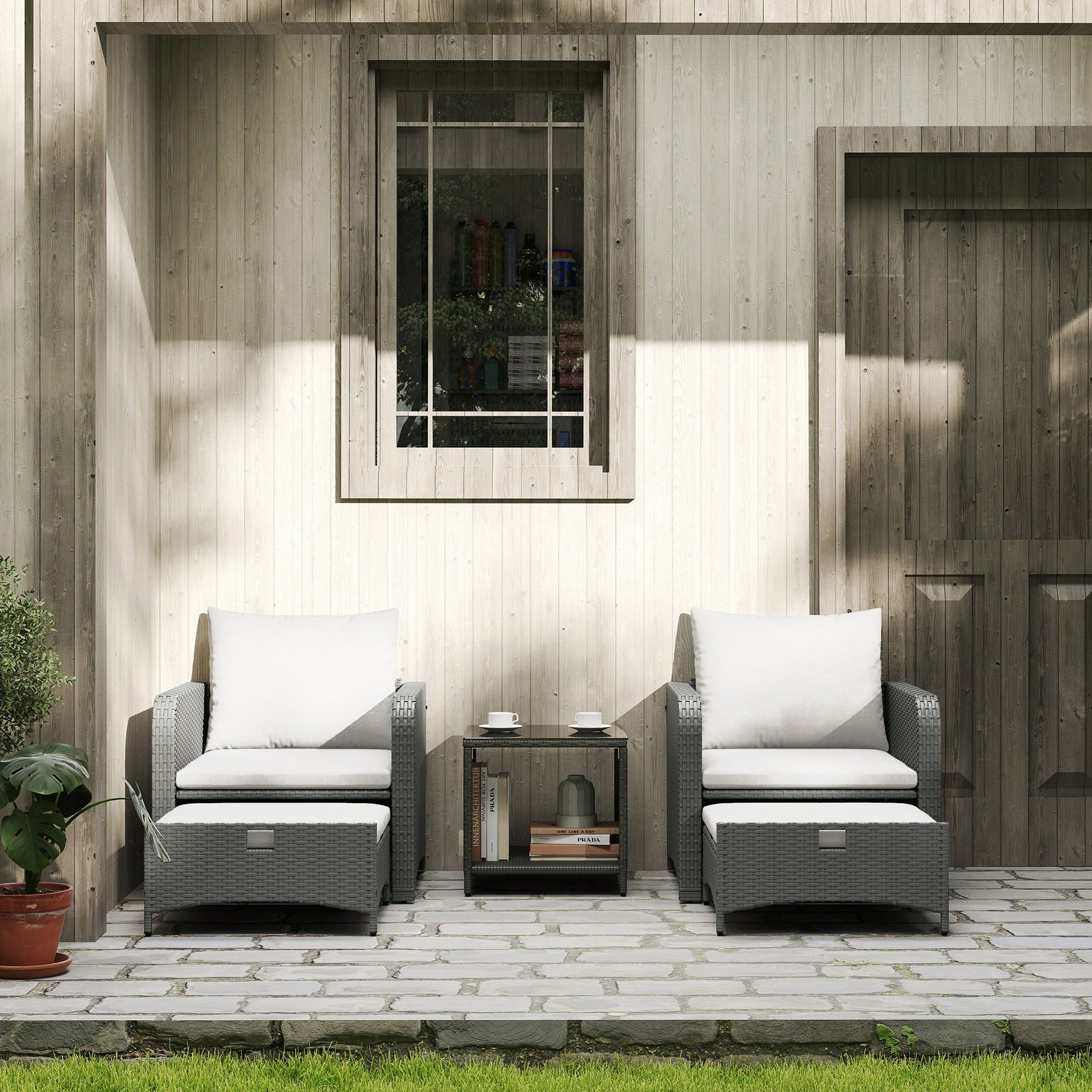 Wicker Patio Conversation Set With 2 Armchairs And 6 Cushions | Cream