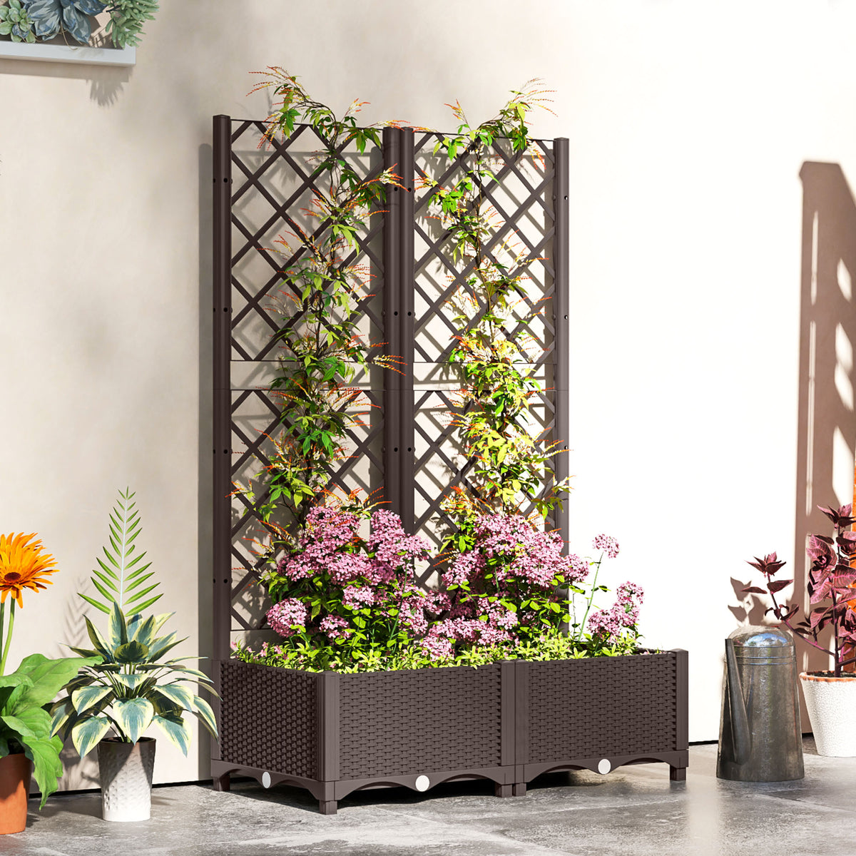 Outsunny Plastic Planter Box With Trellis, Vegetable Planter W/ Drain Plugs