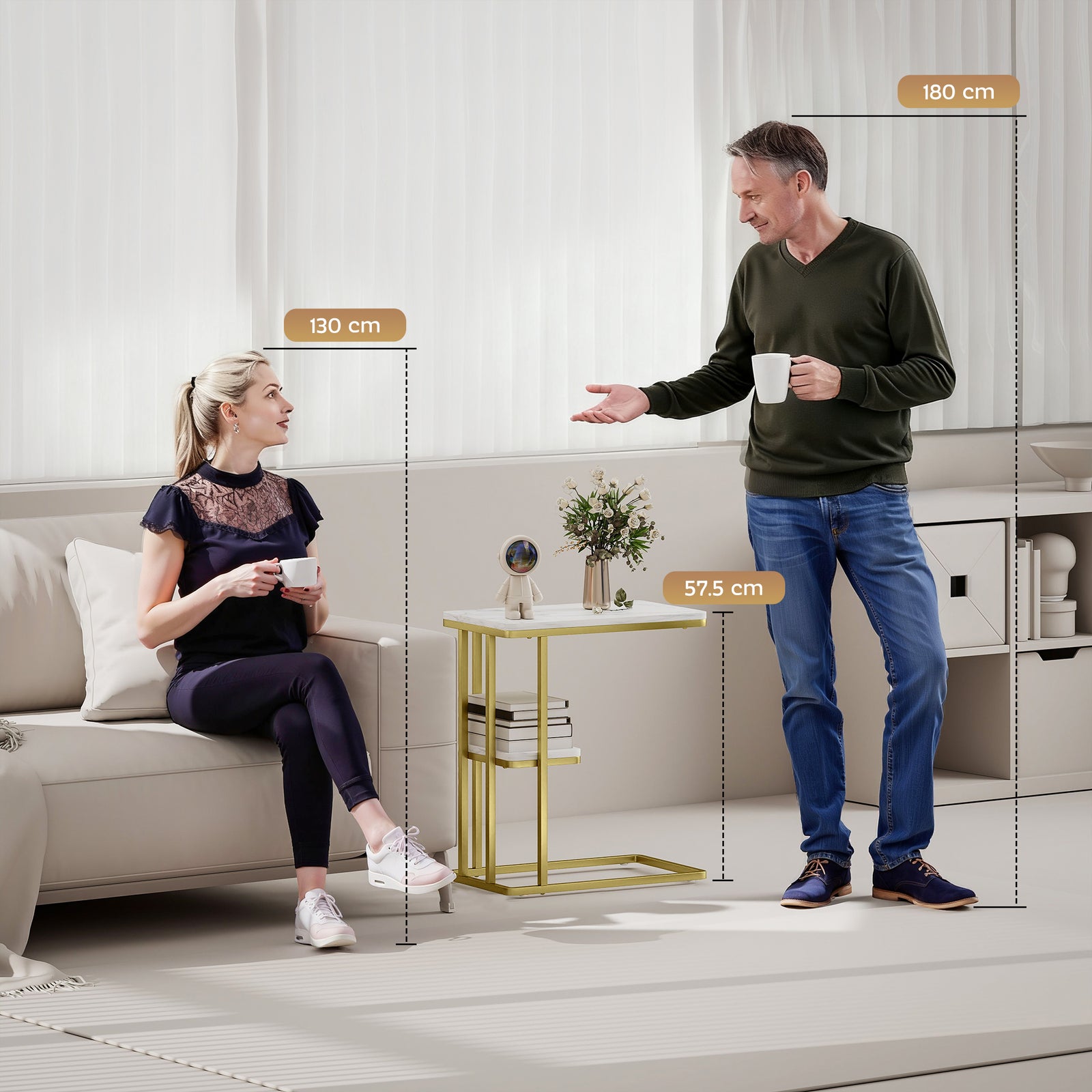 HOMCOM C-shaped Narrow Side Table, End Table With Shelf, White Marble Grain