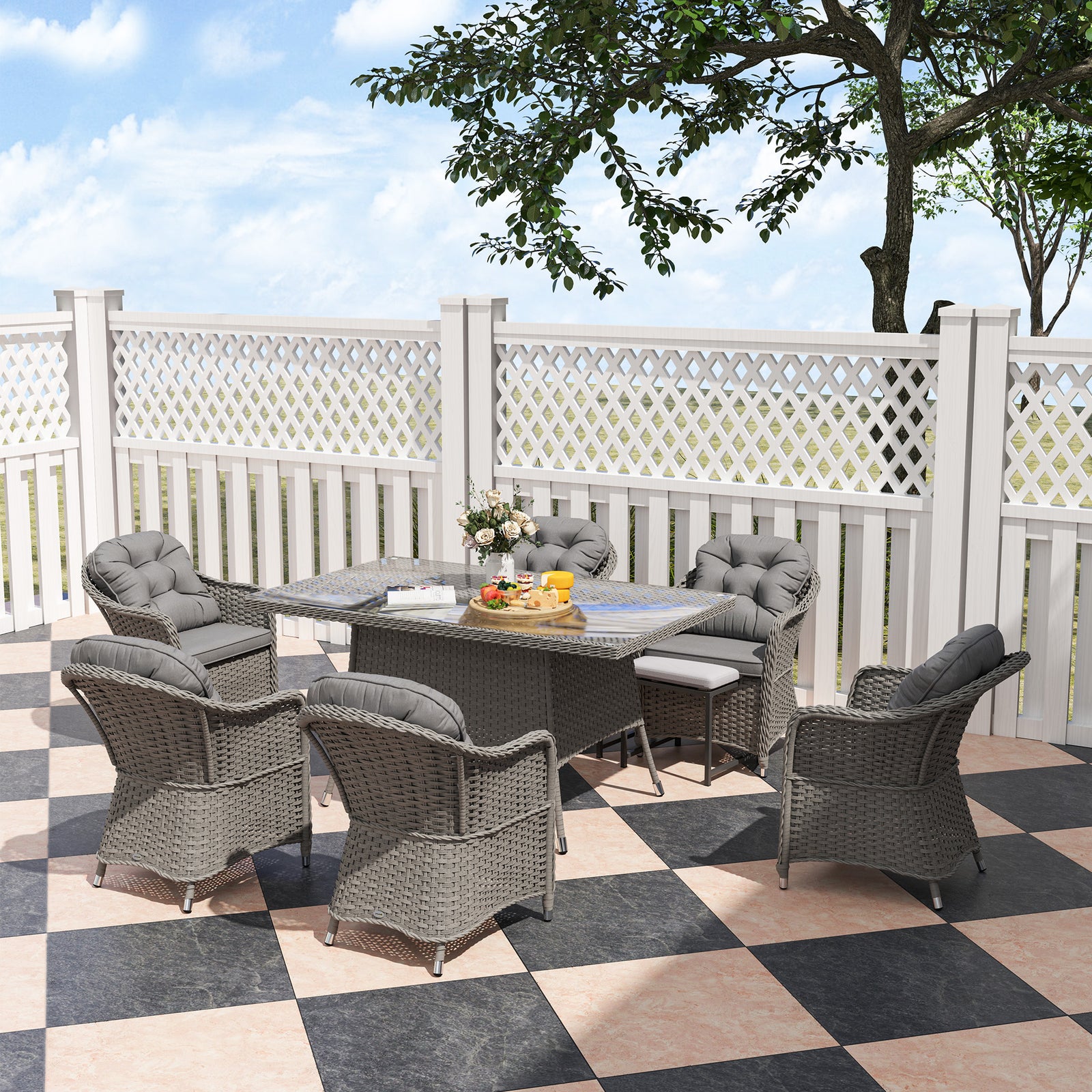 Pe Rattan Garden Dining Set For 6 W/ Seat And Back Cushions